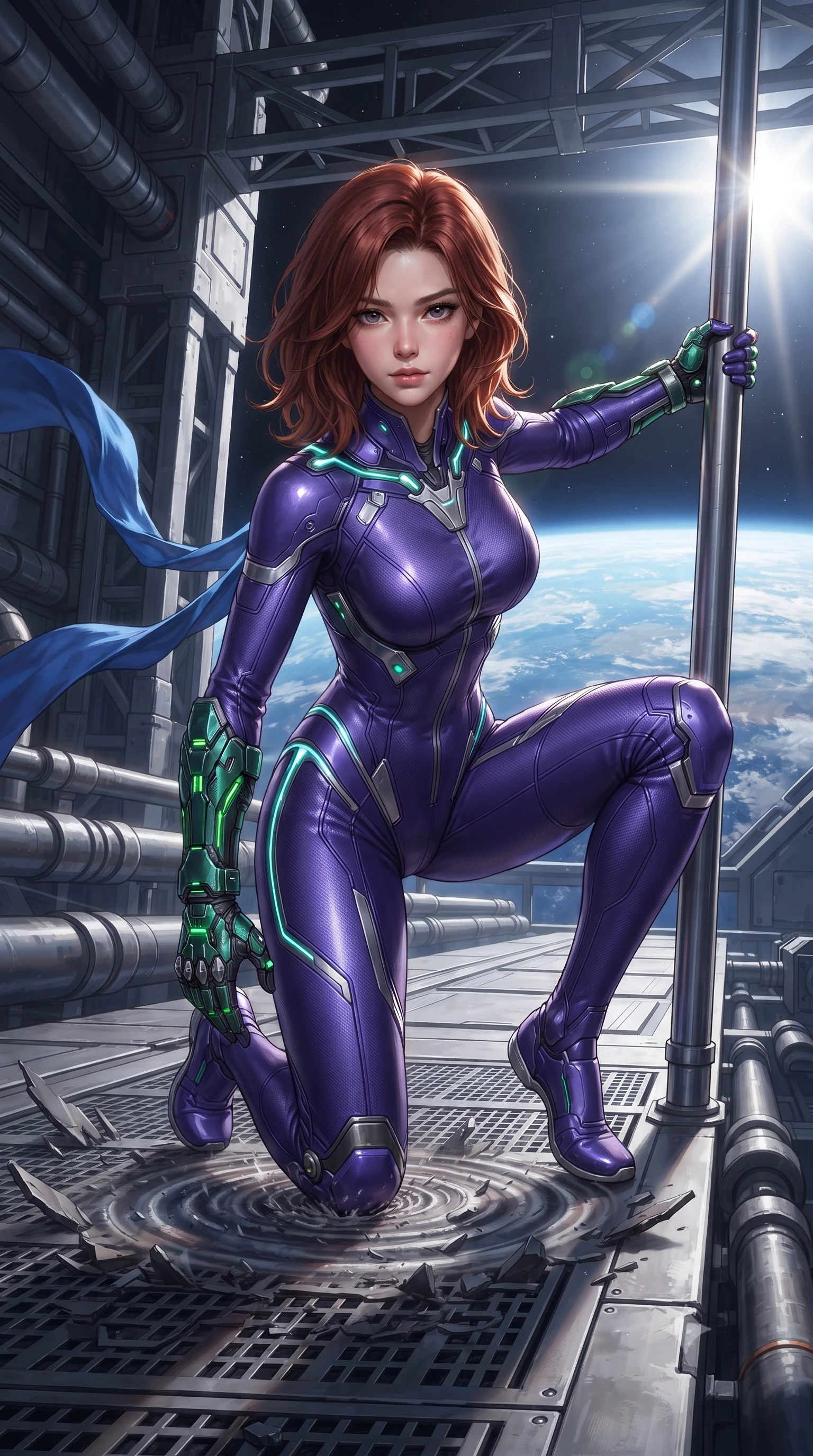 score_9, masterpiece, best quality, ultra-detailed, high-budget anime keyframe, editorial fashion photography, tasteful artistic composition, Korean woman. low angle full-body shot from head to toe showing her feet, filling the entire 9:16 vertical frame with her statuesque presence, stretching her vertical silhouette. landing gracefully from a high-altitude leap on one knee and palm, her statuesque silhouette framed by radial shockwave ripples in the ground while leaning against a magnetic elevator rail with sovereign composure as cosmic winds flutter her lightweight tactical sash. The surrounding environment is rendered in vivid detail and crisp panoramic clarity. high-contrast orbital chiaroscuro and monumental space-age engineering captured with environmental precision. She has an absolutely perfect, statuesque 8.5-heads proportion, an exceptionally tall and slender model-like female figure with impossibly long slender legs, a toned flat midriff, and an ultra-slim waist. sharp v-shaped jawline, high-bridge nose, intricate jewel-like eyes with depth, thick eyelashes, glossy lips with a natural sheen, flawlessly proportioned anatomical accuracy, strict slender model proportions, natural body alignment, perfectly sculpted long slender limbs, ultra-slim waistline, clean dynamic posture without body distortion. wearing a precision-fitted royal purple carbon-fiber martial arts suit with silver accents and glowing micro-circuit knuckle plating in emerald green carbon composite with glowing lime laser channels, made of lightweight aerodynamic carbon-titanium alloy with polished edge bevels, accented with glowing fiber-optic conduits tracing her collarbones and hip curves, the liquid-tight tailored fabric emphasizing every curve of her tall, slender model proportions and sculptured silhouette during dynamic movement. bathed in dazzling high-noon orbital sunlight and rich blue Earth ambient bounce light. ultra-reflective glossy finish, specular highlights, dark metallic sheen, high-contrast stereoscopic depth, volumetric dynamic lighting, 2k, ultra detail, master piece, 9:16 ratio