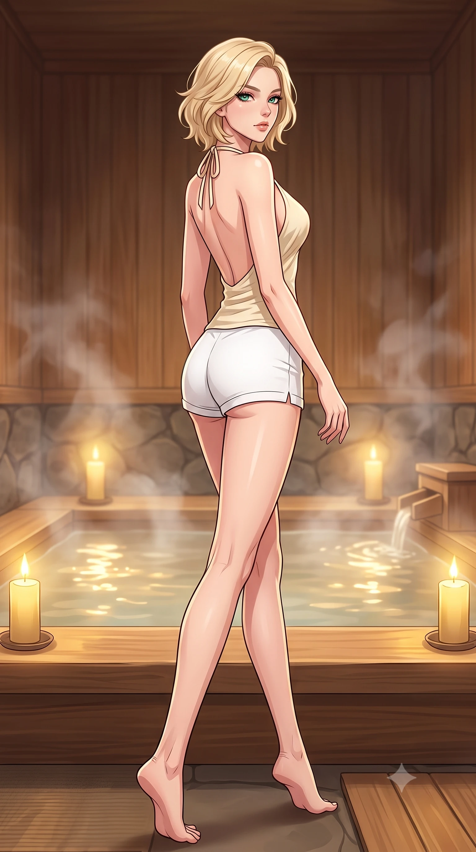 score_9, masterpiece, best quality, ultra-detailed, high-budget anime keyframe, tasteful artistic composition, Caucasian woman. low angle full-body shot from head to toe showing her feet, filling the entire 9:16 vertical frame with her statuesque presence, stretching her vertical silhouette. stepping gracefully while looking back over her shoulder, her dress draped tightly to reveal her silhouette the background shows a soft-focus an intimate traditional bath chamber built of cypress wood (hinoki) with rising steam. She has an absolutely perfect, statuesque 8.5-heads proportion, an exceptionally tall and slender model-like female figure with impossibly long slender legs and an ultra-slim waist. sharp v-shaped jawline, high-bridge nose, intricate jewel-like eyes with depth, thick eyelashes, glossy lips with a natural sheen. wearing a slim-fit stylish linen halter top with an open-back design, paired with white micro-shorts. warm candle stands casting a soft golden glow onto the water surface. highly saturated vibrant anime colors, cel-shading, 2d style, master piece, 9:16 ratio
