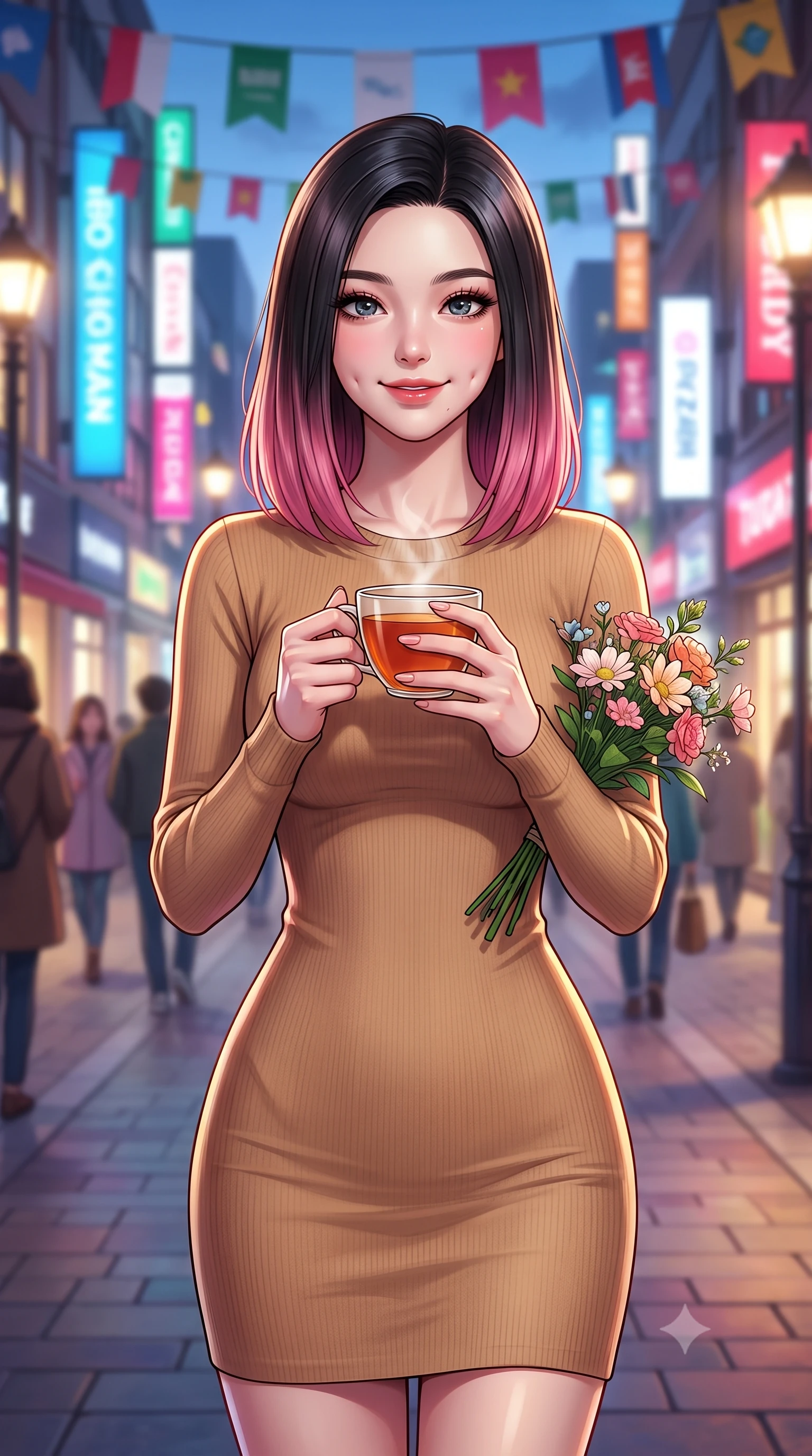 score_9, masterpiece, best quality, ultra-detailed, high-budget anime keyframe, editorial fashion photography, tasteful artistic composition, Korean woman. close-up cowboy shot from the waist and thighs up, the character dominates the composition, filling the frame with her large presence, background elements kept in soft focus. smiling with soft, cute dimples, holding a warm cup of tea with both hands set against a soft-focus background of walking down a pedestrian shopping boulevard with colorful flags overhead holding a small bouquet of fresh flowers bought from a street vendor. She has an exceptionally elegant, slender, and willowy female figure with an ultra-slim waist, a gracefully sculpted slender torso, and a refined silhouette. sharp v-shaped jawline, high-bridge nose, intricate jewel-like eyes with depth, thick eyelashes, glossy lips with a natural sheen. wearing form-contouring sleek, body-hugging long-sleeve knit dress in camel, outlining her slender silhouette. vibrant streetlights and store signs casting dynamic highlights on her form. highly saturated vibrant anime colors, detailed shading with soft gradients, rich glossy textures, high-contrast stereoscopic depth, volumetric dynamic lighting, master piece, 9:16 ratio