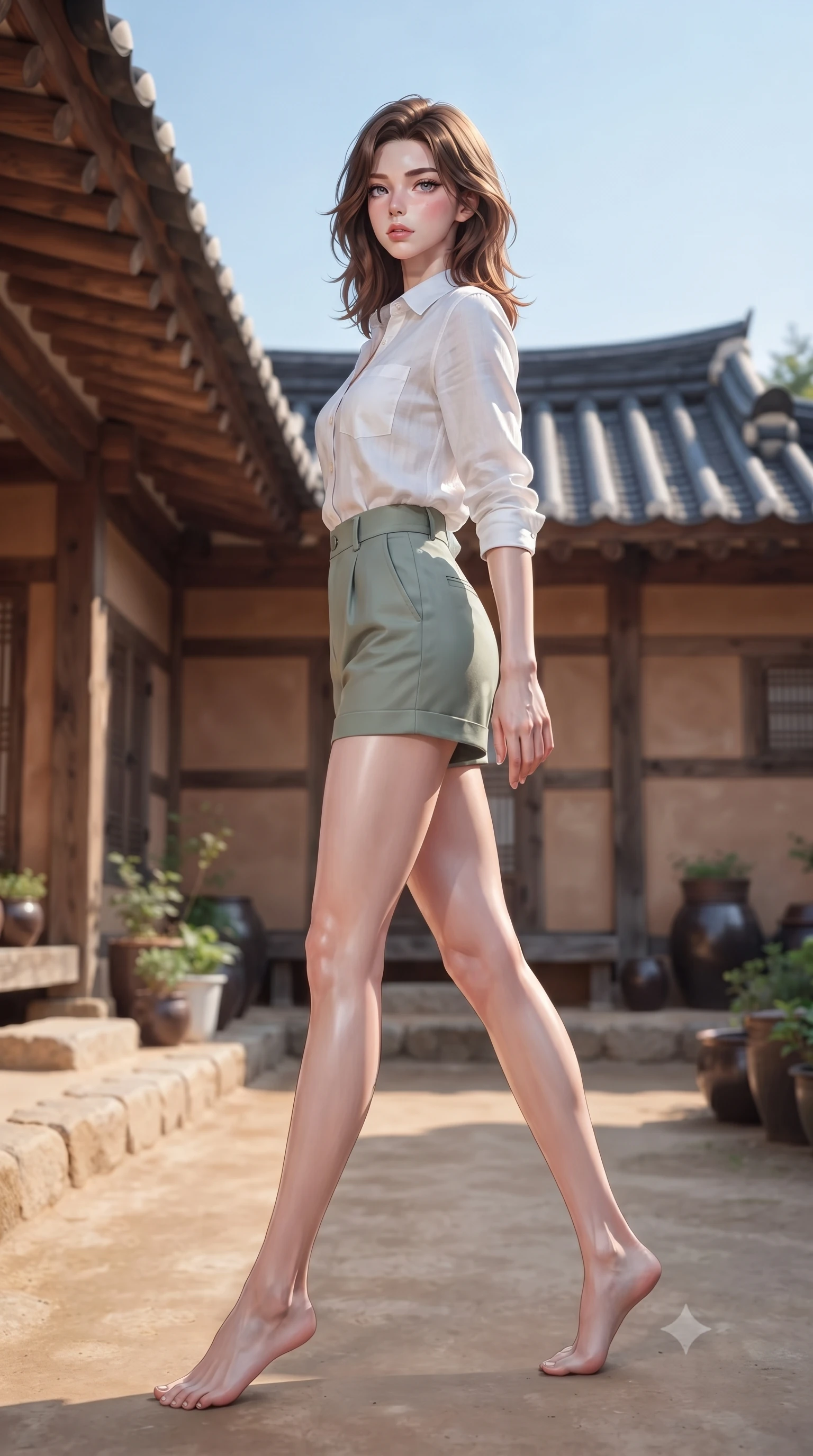 score_9, masterpiece, best quality, ultra-detailed, high-budget anime keyframe, editorial fashion photography, tasteful artistic composition, Korean woman woman. low angle full-body shot from head to toe showing her feet, filling the entire 9:16 vertical frame with her statuesque presence, stretching her vertical silhouette. stepping gracefully while looking back over her shoulder, her dress draped tightly to reveal her silhouette the background shows a soft-focus a quiet clay-and-stone courtyard of a traditional Korean hanok house under a blue sky. She has an absolutely perfect, statuesque 8.5-heads proportion, an exceptionally tall and slender model-like female figure with impossibly long slender legs and an ultra-slim waist. sharp v-shaped jawline, high-bridge nose, intricate jewel-like eyes with depth, thick eyelashes, glossy lips with a natural sheen. wearing a slim-fit comfortable linen button-down shirt in white, tucked into high-waisted sage green shorts. bright afternoon sunlight reflecting off the tiled roof and wooden pillars. ultra-reflective glossy finish, specular highlights, metallic sheen, high-contrast stereoscopic depth, volumetric dynamic lighting, 2k, ultra detail, master piece, 9:16 ratio