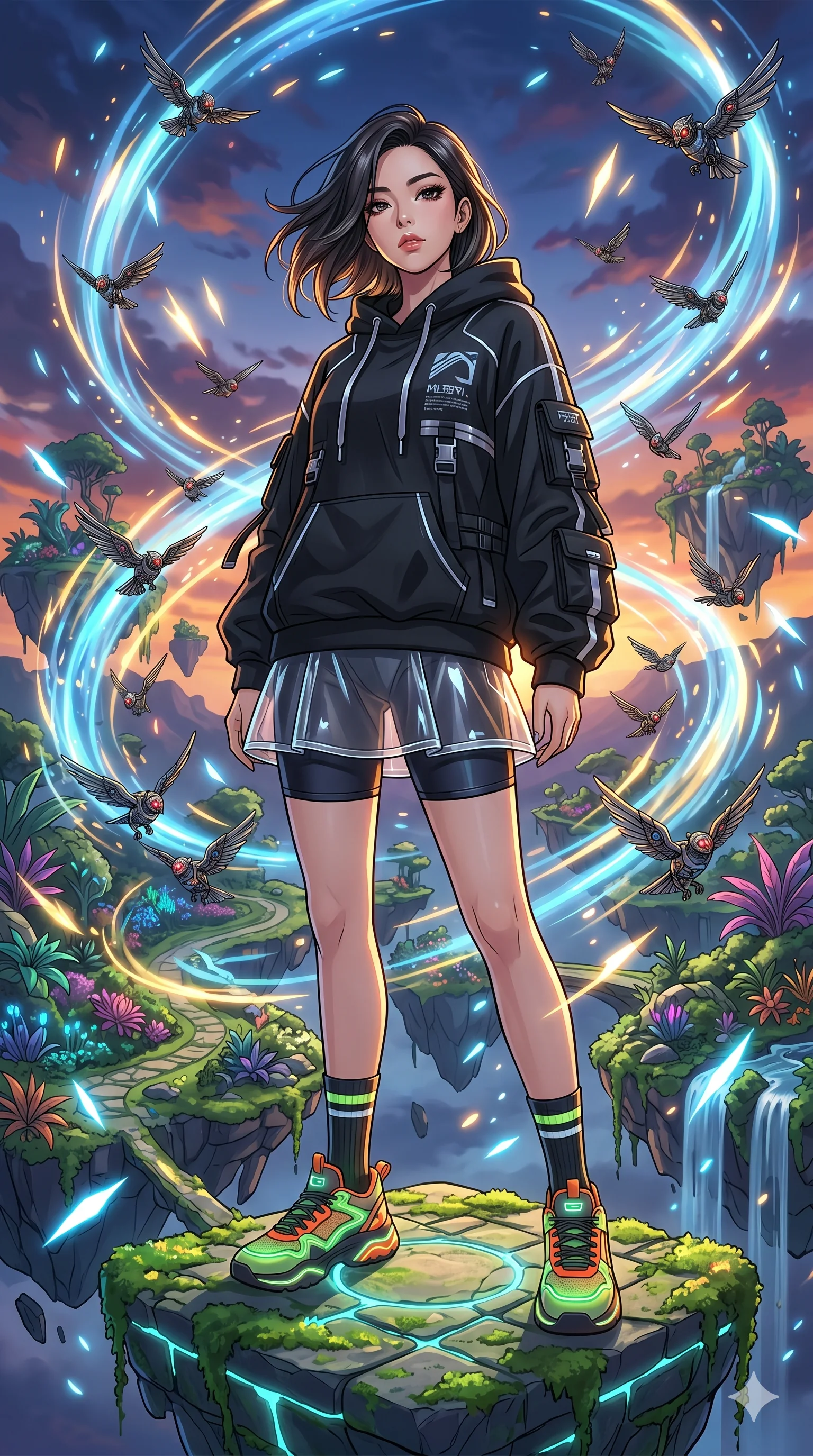 score_9, masterpiece, best quality, ultra-detailed, Set A: High-budget Anime Keyframe, Korean woman. Low angle cowboy shot filling the entire 9:16 frame with her statuesque presence. Standing victoriously through a floating botanical garden, surrounded by a whirlwind of 212 mechanical birds and surrounded by glowing energy sparks. She has an absolutely perfect 8-heads proportion, an exceptionally tall and slender female figure with impossibly long slender legs and an ultra-slim waist. Sharp v-shaped jawline, high-bridge nose, intricate jewel-like eyes with depth, thick eyelashes, glossy lips with a natural sheen. Wearing Streetwear tech-hoodie with a transparent PVC skirt and neon sneakers. Cinematic lighting, vibrant colors, dramatic shadows, 2k, ultra detail, master piece, 9:16 ratio