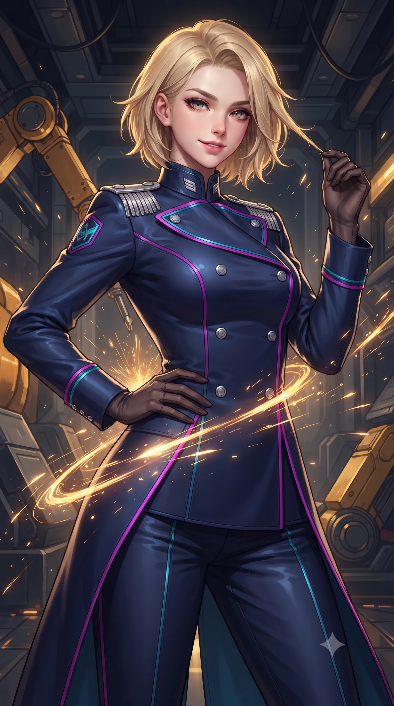 score_9, masterpiece, best quality, ultra-detailed, high-budget anime keyframe, editorial fashion photography, tasteful artistic composition, Caucasian woman. close-up cowboy shot from the waist and thighs up, the character dominates the composition, filling the frame with her large presence. twisting her slender torso in an alluring contrapposto stance, one hand resting on her sculpted hip while her fingers toy with her hair with effortless poise while twisting her slender torso in an alluring contrapposto stance, cascades of welding sparks painting dynamic molten gold light ribbons across her narrow waist and hips. The surrounding environment is rendered in vivid detail and crisp panoramic clarity: sharp ablative armor plate seams, hydraulic robotic arm joints, and crisp glowing weld beads in deep focus. She has an exceptionally elegant, slender, and willowy female figure with an ultra-slim waist, flat toned midriff, narrow ribcage, and sculpted feminine hips creating an alluring, slim hourglass silhouette without bulk. sharp v-shaped jawline, high-bridge nose, intricate jewel-like sparkling eyes with depth, thick eyelashes, glossy parted lips with a natural peach sheen, bright cheerful beaming smile with an enchanting and coquettish sensual glint, exuding both youthful cute charm and seductive allure, flawlessly proportioned anatomical accuracy, strict slender model proportions, natural body alignment, perfectly sculpted long slender limbs, ultra-slim waistline, clean dynamic posture without body distortion. wearing a tailored orbital navy officer dress uniform featuring a structured double-breasted coat with silver epaulets, high mandarin collar, and matching pressed slacks in Kowloon neon magenta and electric teal, tailored from high-density tech-wool with subtle metallic thread weave, complemented by sheer opera-length evening gloves tracing her slender arms, the bespoke structured tailoring following the natural line of her 8.5-heads silhouette with refined elegance. bathed in high-contrast golden welding arcs contrasted with deep obsidian shadow gradients and starlight. ultra-reflective glossy finish, specular highlights, rich textural contrasts, high-contrast stereoscopic depth, volumetric dynamic lighting, 2k, ultra detail, master piece, 9:16 ratio