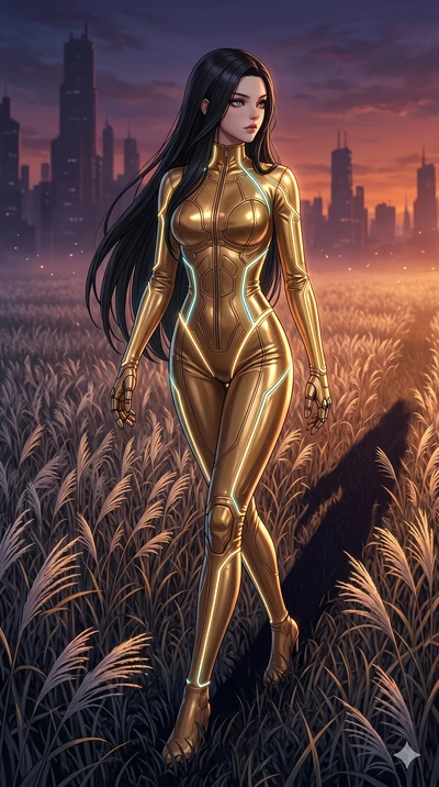 score_9, masterpiece, best quality, ultra-detailed, High-budget Anime Keyframe, East Asian woman. Dynamic full-body shot stretching the vertical silhouette to the limit. Scenario 198: Walking through a field of tall silver grass at twilight. Her pres