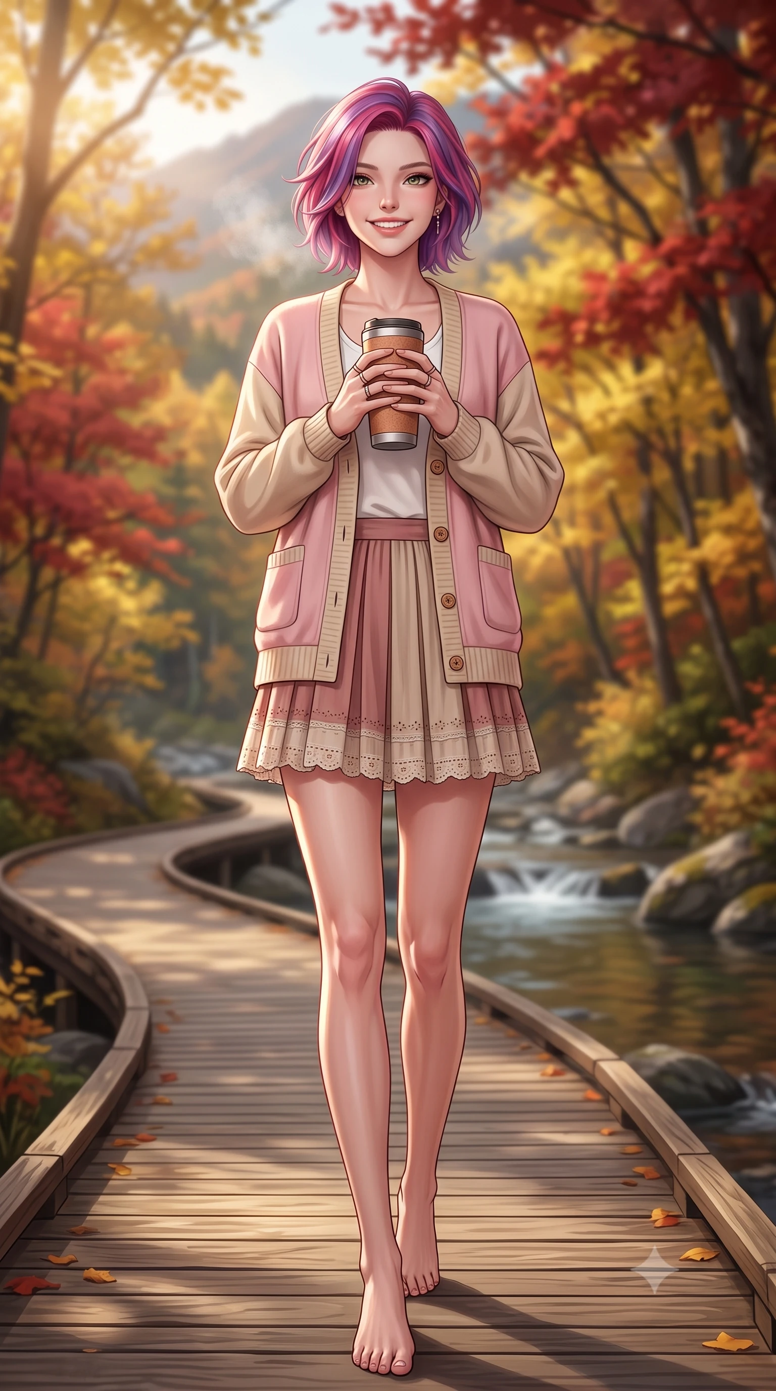 score_9, masterpiece, best quality, ultra-detailed, high-budget anime keyframe, semi-realistic 3D game render, editorial fashion photography, tasteful artistic composition, Caucasian woman. low angle full-body shot from head to toe showing her feet, filling the entire 9:16 vertical frame with her statuesque presence, stretching her vertical silhouette. walking forward in a cheerful, dynamic stride with a radiant beaming smile, her statuesque silhouette filling the frame while holding a warm insulated tumbler with both hands, soft breath misting lightly in the crisp mountain air with a sweet smile. The composition keeps background elements in soft focus with creamy bokeh. curving wooden boardwalks and tranquil mountain streams softened by warm shallow depth of field. She has an absolutely perfect, statuesque 8.5-heads proportion, an exceptionally tall and slender model-like female figure with impossibly long slender legs, a toned flat midriff, and an ultra-slim waist. sharp v-shaped jawline, high-bridge nose, intricate jewel-like eyes with depth, thick eyelashes, glossy lips with a natural sheen, pure and lovely fresh girlhood expression, flawlessly proportioned anatomical accuracy, strict slender model proportions, natural body alignment, perfectly sculpted long slender limbs, ultra-slim waistline, clean dynamic posture without body distortion. wearing a chic pastel varsity cardigan over a simple white scoop-neck tee and a pleated mini skirt in soft dusty rose and oatmeal beige, woven with delicate eyelet lace and breathable cotton voile, finished with neat natural wooden buttons and patch pocket details, the relaxed yet flattering fit accentuating her naturally graceful and slender figure, highlighting her youthful charm and lovely silhouette. bathed in warm amber afternoon autumn sunlight filtering through glowing red and gold canopies. highly saturated vibrant anime colors, detailed shading with soft gradients, rich glossy textures, high-contrast stereoscopic depth, volumetric dynamic lighting, master piece, 9:16 ratio