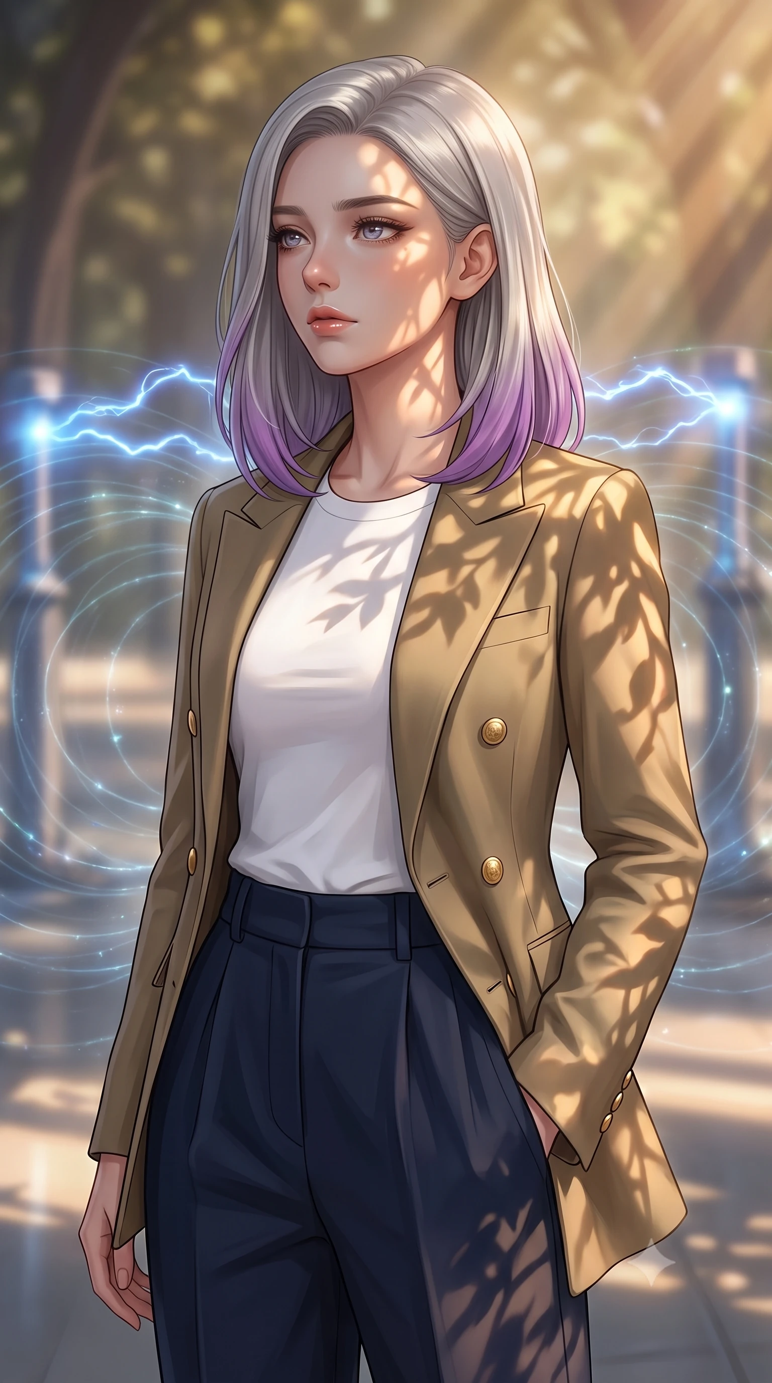 score_9, masterpiece, best quality, ultra-detailed, high-budget anime keyframe, editorial fashion photography, tasteful artistic composition, Caucasian woman, strictly human ears. close-up cowboy shot from the waist and thighs up, the character dominates the composition, filling the frame with her large presence, background elements kept in soft focus. Gazing into the distance with a wistful melancholic expression and softly glowing eyes. set against a soft-focus background of a sanctum powered by a magnetar's electromagnetic pulses where controlled energy arcs in beautiful geometric patterns between conductor pillars and magnetic field lines glow visibly in the charged atmosphere. She has an exceptionally elegant and slender, willowy female figure with an ultra-slim waist, a gracefully sculpted slender torso, and a refined slim physique. sharp v-shaped jawline, high-bridge nose, intricate jewel-like eyes with depth, thick eyelashes, glossy lips with a natural sheen. wearing a double-breasted khaki blazer over a white crew-neck tee and high-waisted navy pleated trousers. warm golden afternoon sunbeams casting soft organic leaf shadows across her skin. 2k, ultra detail, master piece, 9:16 ratio