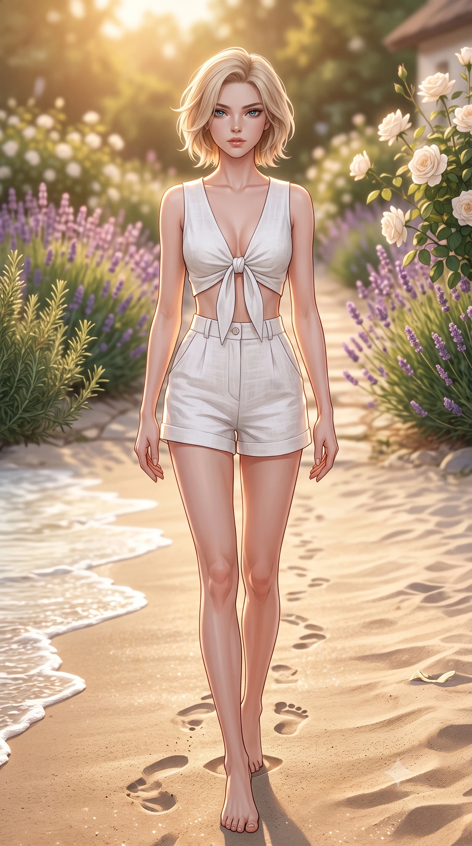 score_9, masterpiece, best quality, ultra-detailed, high-budget anime keyframe, editorial fashion photography, tasteful artistic composition, Caucasian woman woman. low angle full-body shot from head to toe showing her feet, filling the entire 9:16 vertical frame with her statuesque presence, stretching her vertical silhouette. walking slowly along the shoreline, leaving footprints in the wet sand the background shows a soft-focus a path lined with lavender, rosemary, and white roses in a sunny cottage yard. She has an absolutely perfect, statuesque 8.5-heads proportion, an exceptionally tall and slender model-like female figure with impossibly long slender legs and an ultra-slim waist. sharp v-shaped jawline, high-bridge nose, intricate jewel-like eyes with depth, thick eyelashes, glossy lips with a natural sheen. wearing a tailored chic summer outfit of a front-tie crop top and high-waisted linen shorts. warm golden hour afternoon light bathing the garden in warmth. 2k, ultra detail, master piece, 9:16 ratio