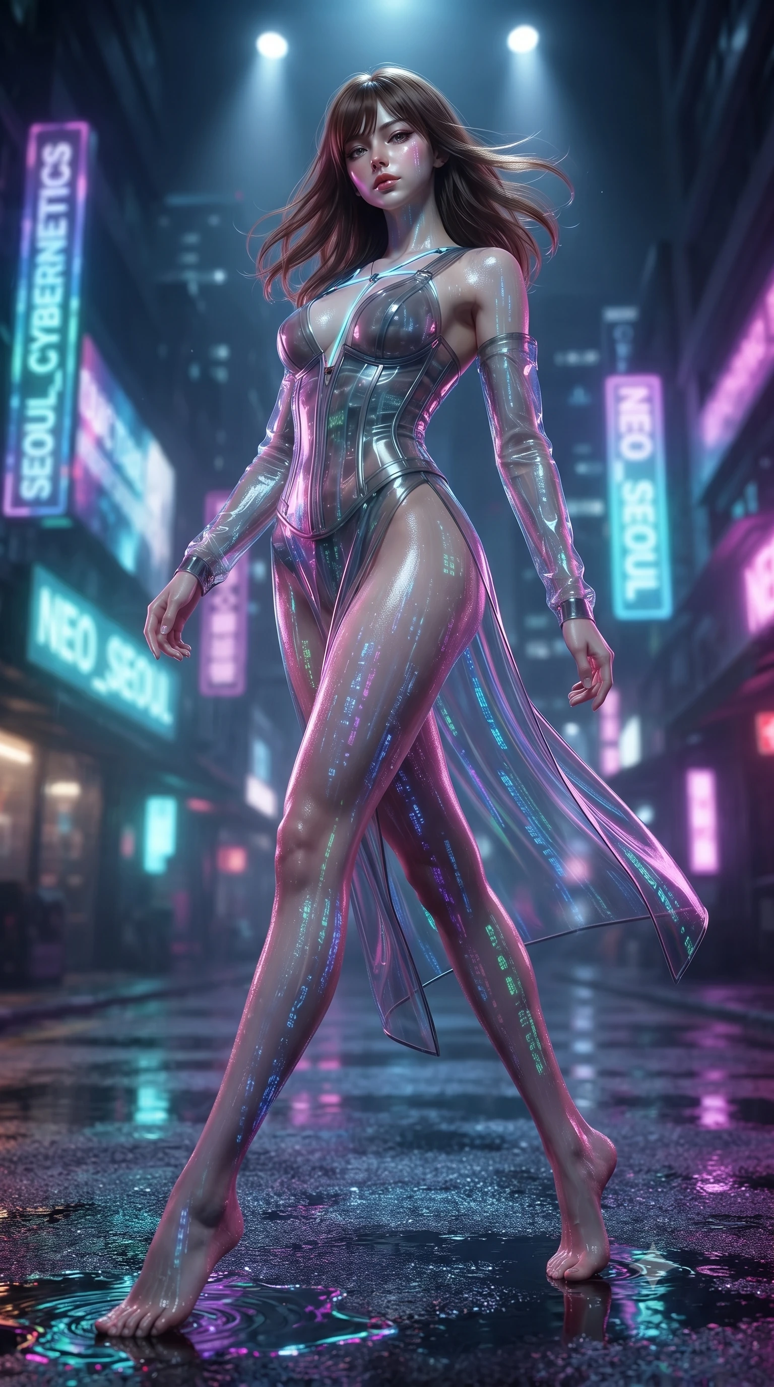 score_9, masterpiece, best quality, ultra-detailed, high-budget anime keyframe, editorial fashion photography, tasteful artistic composition, Korean woman. low angle full-body shot from head to toe showing her feet, filling the entire 9:16 vertical frame with her statuesque presence, stretching her vertical silhouette. arching her back in a fluid zero-gravity turn with sovereign grace, her long slender legs and sculpted torso creating a sweeping line while stepping gracefully through neon puddles as cascading digital data streams reflect off her wet skin. The composition keeps background elements in soft focus with creamy bokeh. wet asphalt reflections and glowing holographic signs softened by shallow depth of field. She has an absolutely perfect, statuesque 8.5-heads proportion, an exceptionally tall and slender model-like female figure with impossibly long slender legs and an ultra-slim waist. sharp v-shaped jawline, high-bridge nose, intricate jewel-like eyes with depth, thick eyelashes, glossy lips with a natural sheen, flawlessly proportioned anatomical accuracy, natural body alignment, perfectly sculpted elegant limbs, clean dynamic posture without body distortion. wearing a translucent cybernetic corset in semi-opaque structured vinyl, combined with detached sleeves and a deep-plunging neckline secured by glowing micro-straps in translucent smoky quartz and iridescent holographic sheen, made of liquid metal jersey that clings flawlessly to every contour of her build, finished with an ultra-high side slit secured by miniature magnetic clasps, the form-contouring second-skin material highlighting her ultra-slim waist and long lines. bathed in multi-colored neon reflections from wet surfaces and sharp overhead spotlights. ultra-reflective glossy finish, specular highlights, metallic sheen, high-contrast stereoscopic depth, volumetric dynamic lighting, 2k, ultra detail, master piece, 9:16 ratio