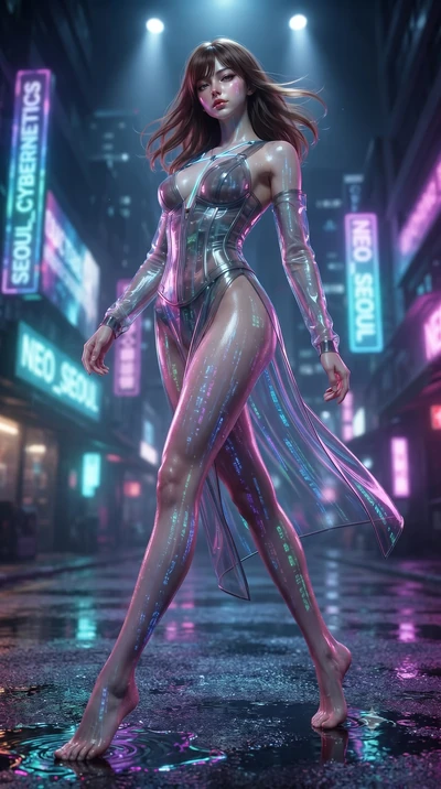 score_9, masterpiece, best quality, ultra-detailed, high-budget anime keyframe, editorial fashion photography, tasteful artistic composition, Korean woman. low angle full-body shot from head to toe showing her feet, filling the entire 9:16 vertical f
