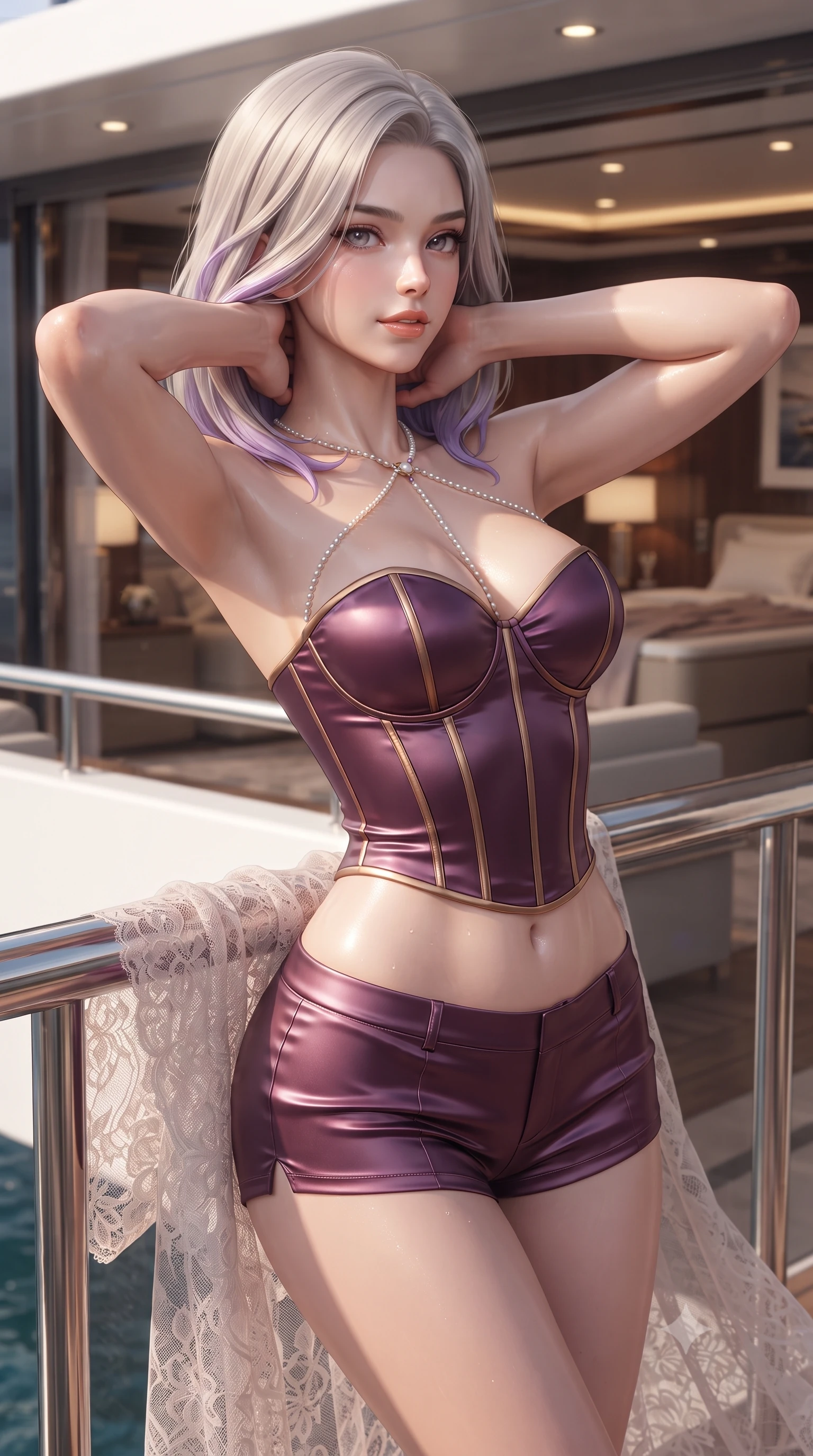 score_9, masterpiece, best quality, ultra-detailed, high-budget anime keyframe, editorial fashion photography, tasteful artistic composition, Caucasian woman. close-up cowboy shot from the waist and thighs up, the character dominates the composition, filling the frame with her large presence. resting both hands lightly behind her neck with elbows raised, arching her spine to highlight her narrow waist, flat midriff, and breathtaking collarbones while leaning against the stainless-steel balcony railing with hips cocked back, looking back into the stateroom with bedroom-eyes. The surrounding environment is rendered in vivid detail and crisp panoramic clarity: detailed semi-sheer lace boudoir robe texture, dewy skin highlights, and modern superyacht naval architecture in high resolution. She has an exceptionally elegant, slender, and willowy female figure with an ultra-slim waist, flat toned midriff, narrow ribcage, and sculpted feminine hips creating an alluring, slim hourglass silhouette without bulk. sharp v-shaped jawline, high-bridge nose, sparkling eyes with hypnotic seductive depth, thick curled eyelashes, glossy parted lips with a natural dewy peach sheen, alluring bedroom-eyes with an enchanting coquettish smile, exuding magnetic siren charisma and sophisticated glamour, flawlessly proportioned anatomical accuracy, strict slender model proportions, natural body alignment, perfectly sculpted long slender limbs, ultra-slim waistline, clean dynamic posture without body distortion. wearing a strapless boned satin corset bodice paired with low-waisted tailored satin hot-pants in rich dark plum violet and gilded bronze, crafted from fluid liquid silk satin that clings smoothly to every curve with a dewy sheen, accented with a pearl-drop body harness subtly framing her dewy collarbones and spine, the high-slit wrap tailoring accentuating her ultra-slim waistline and the enchanting curve of her feminine hips with alluring seductive charm. illuminated by ocean water reflection bounce and sharp warm-gold rim lights defining her delicate clavicles, narrow waist, and curvy hips. ultra-reflective glossy finish, specular highlights, rich textural contrasts, high-contrast stereoscopic depth, volumetric dynamic lighting, 2k, ultra detail, master piece, 9:16 ratio