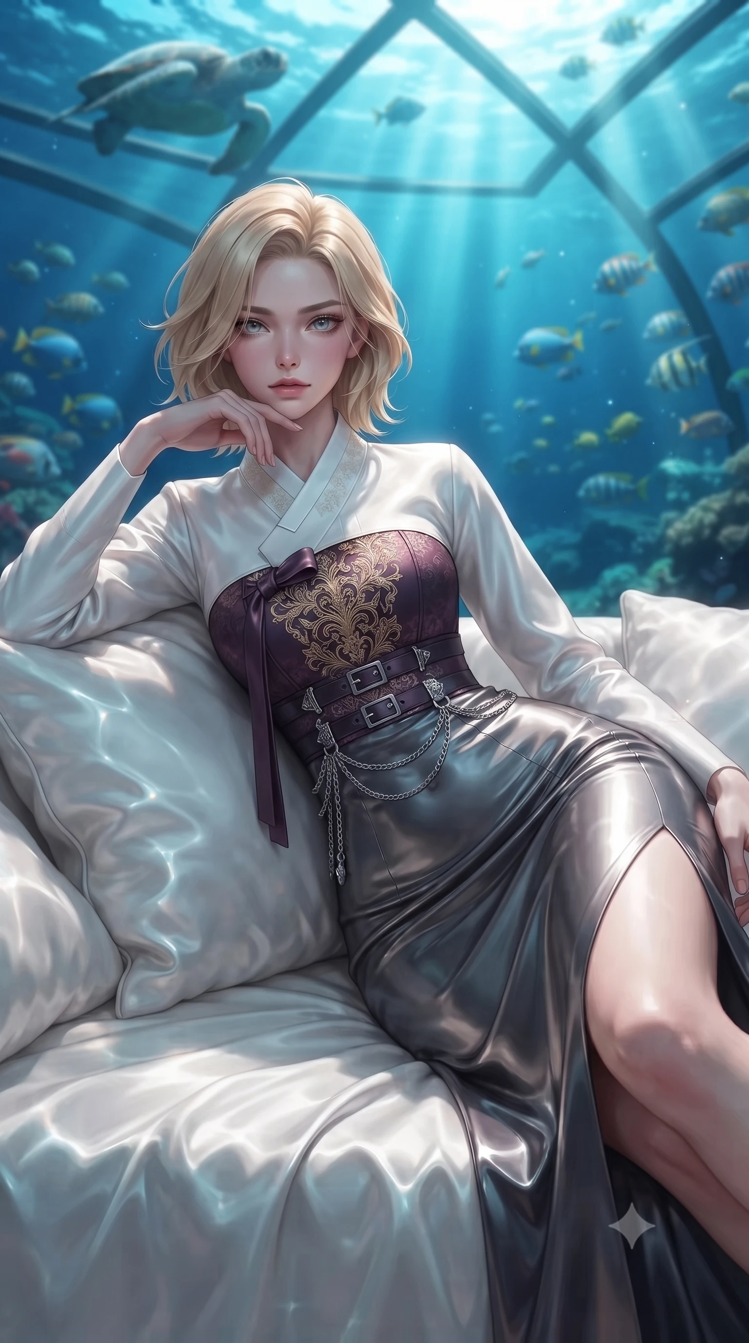 score_9, masterpiece, best quality, ultra-detailed, high-budget anime keyframe, editorial fashion photography, tasteful artistic composition, Caucasian woman. close-up cowboy shot from the waist and thighs up, the character dominates the composition, filling the frame with her large presence, background elements kept in soft focus. Resting her chin on the backs of her fingers with an air of effortless superiority, lounging on a white silk daybed as sea turtles and tropical fish swim overhead, glass ceiling reflecting bright ocean light in soft-focus pastel spectrums. She has an exceptionally elegant, slender, and willowy female figure with an ultra-slim waist, a gracefully sculpted slender torso, and a refined silhouette. sharp v-shaped jawline, high-bridge nose, intricate jewel-like eyes with depth, thick eyelashes, glossy lips with a natural sheen. wearing modern fusion white hanbok dress with structured gold-embroidered bodice in dark plum violet, made of liquid dark mercury jersey, framed by dark titanium buckles and silver chain details, the fitted fabric emphasizing her ultra-slim waist. lit by clear sunbeams penetrating ocean depths with soft shadows. ultra-reflective glossy finish, specular highlights, metallic sheen, high-contrast stereoscopic depth, volumetric dynamic lighting, 2k, ultra detail, master piece, 9:16 ratio