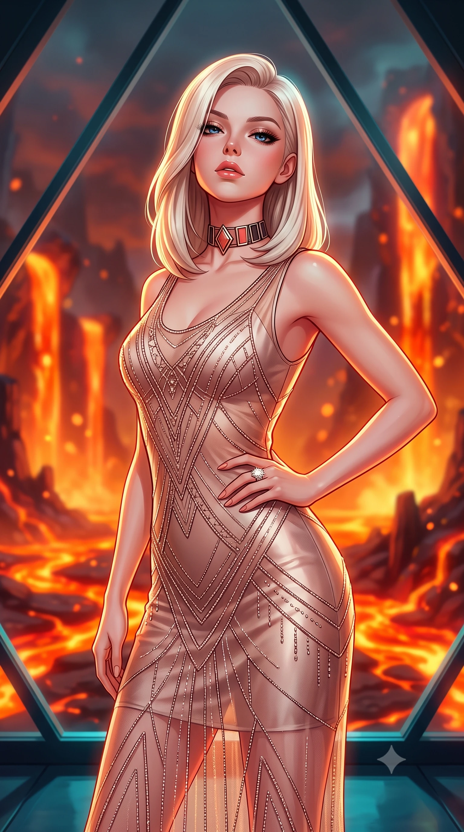 score_9, masterpiece, best quality, ultra-detailed, high-budget anime keyframe, semi-realistic 3D game render, editorial fashion photography, tasteful artistic composition, Caucasian woman. close-up cowboy shot from the waist and thighs up, the character dominates the composition, filling the frame with her large presence. tilting her chin up with proud, sovereign allure while gazing through thick eyelashes, one hand resting on her waist in pure supermodel charisma while standing before a monumental diamond-glass viewport looking into a vast volcanic magma chamber, arching her back as glowing lava rivers flow below. The composition keeps background elements in soft focus with creamy bokeh. bubbling molten lava channels and glowing basalt pillar formations blurred into fiery tangerine, ruby, and amber bokeh. She has an exceptionally elegant, slender, and willowy female figure with an ultra-slim waist, flat toned midriff, narrow ribcage, and sculpted feminine hips creating an alluring, slim hourglass silhouette without bulk. sharp v-shaped jawline, high-bridge nose, intricate jewel-like eyes with depth, thick eyelashes, glossy parted lips with a natural sheen, intensely captivating and seductive bedroom-eyes expression, flawlessly proportioned anatomical accuracy, strict slender model proportions, natural body alignment, perfectly sculpted long slender limbs, ultra-slim waistline, clean dynamic posture without body distortion. wearing a sheer vintage mesh flapper dress adorned with intricate geometric beadwork over an opaque silk slip in dusky blush rose and champagne shimmer, tailored from water-resistant treated wool gabardine and flexible stretch silk, complemented by a bold geometric choker and sparkling cocktail ring, the glove-like aerodynamic silhouette tightly following the natural contour of her hips and long slender legs with statuesque 8.5-heads elegance. bathed in intense, warm fiery amber and crimson uplight from the lava pool contrasting with cool cyan interior spot fills. highly saturated vibrant anime colors, detailed shading with soft gradients, rich glossy textures, high-contrast stereoscopic depth, volumetric dynamic lighting, master piece, 9:16 ratio