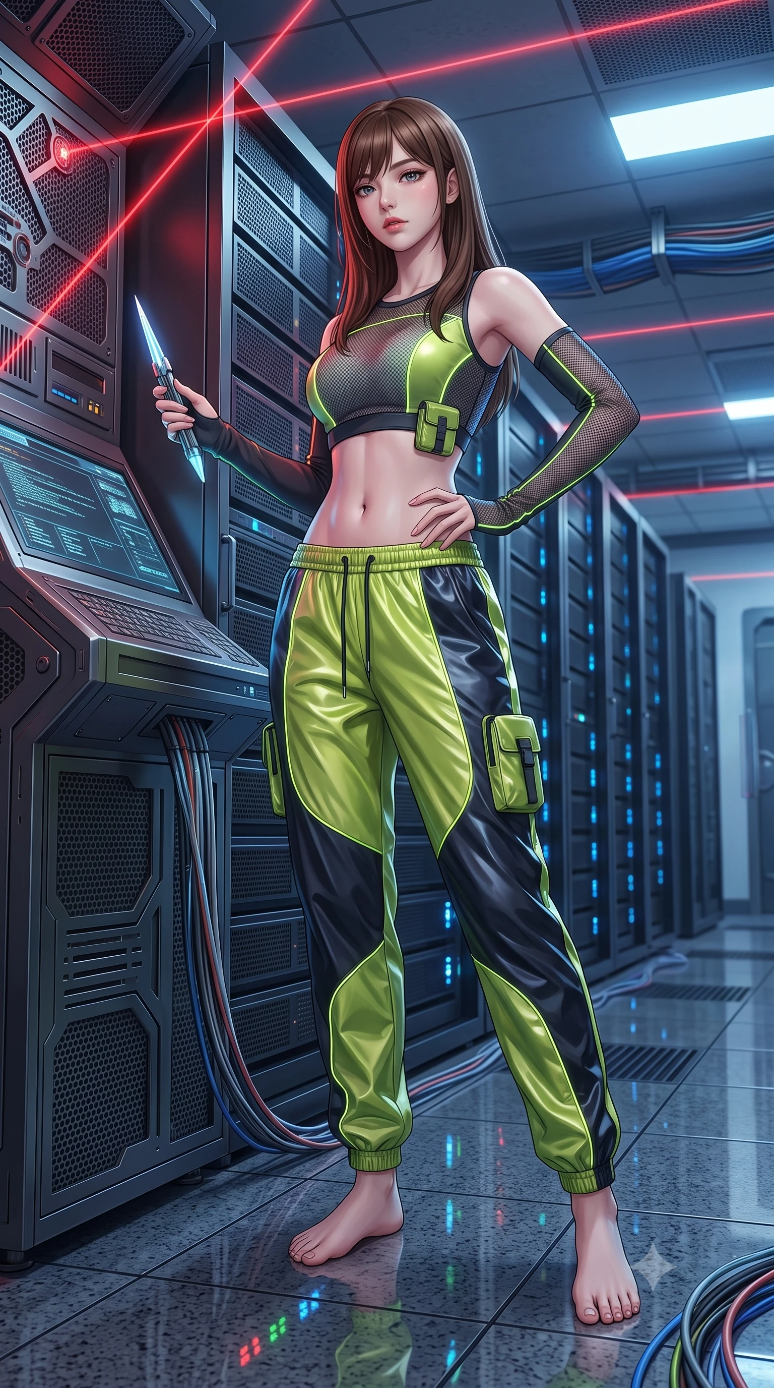 score_9, masterpiece, best quality, ultra-detailed, high-budget anime keyframe, semi-realistic 3D game render, editorial fashion photography, tasteful artistic composition, Korean woman. low angle full-body shot from head to toe showing her feet, filling the entire 9:16 vertical frame with her statuesque presence, stretching her vertical silhouette. standing poised with one hip cocked in an alluring high-fashion pose, her tall 8.5-heads proportions dominating the scene while holding a high-tech data-extraction spike near a master console terminal with supreme operative confidence. The surrounding environment is rendered in vivid detail and crisp panoramic clarity. sharp laser beam focus points, brushed dark titanium server rack grilles, and granite floor reflections in deep focus. She has an absolutely perfect, statuesque 8.5-heads proportion, an exceptionally tall and slender model-like female figure with impossibly long slender legs, a toned flat midriff, and an ultra-slim waist. sharp v-shaped jawline, high-bridge nose, intricate jewel-like eyes with depth, thick eyelashes, glossy lips with a natural sheen, captivating and magnetic expression, flawlessly proportioned anatomical accuracy, strict slender model proportions, natural body alignment, perfectly sculpted long slender limbs, ultra-slim waistline, clean dynamic posture without body distortion. wearing a sporty Y2K mesh-paneled crop top with asymmetrical sleeve warmers and low-slung metallic track pants in acid lime green and dark obsidian, made of breathable technical athletic mesh and liquid-finish track nylon, finished with glowing fiber-optic seam piping and miniature utility pouches edition #19, the liquid-tight tailored fabric emphasizing every curve of her tall, slender model proportions and sculptured silhouette during dynamic movement. bathed in dramatic intersecting red laser beam illumination and cool blue server indicator glow. highly saturated vibrant anime colors, detailed shading with soft gradients, rich glossy textures, high-contrast stereoscopic depth, volumetric dynamic lighting, master piece, 9:16 ratio