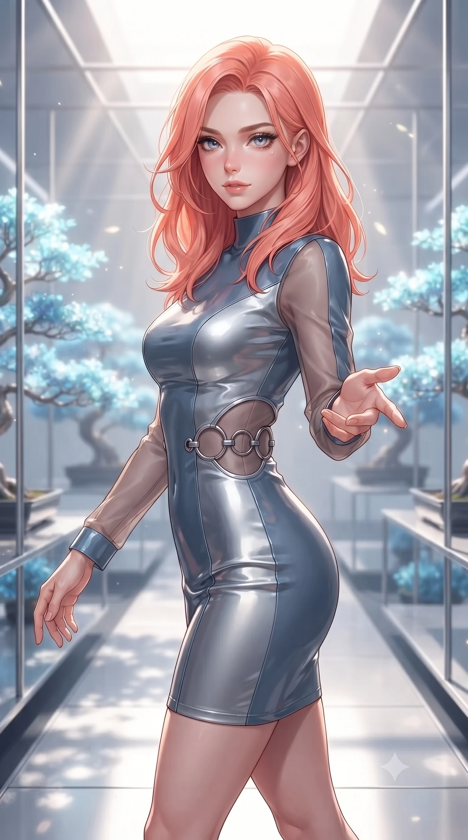 score_9, masterpiece, best quality, ultra-detailed, high-budget anime keyframe, editorial fashion photography, tasteful artistic composition, Japanese woman. close-up cowboy shot from the waist and thighs up, the character dominates the composition, filling the frame with her large presence, background elements kept in soft focus. Reaching her hand gracefully toward the camera with magnetic allure, her torso turning in a dynamic S-curve alignment while walking along a platinum walkway in a quantum garden filled with glowing glass bonsai trees, sleek platinum wire lattices creating clean architectural line frames. She has an exceptionally elegant, slender, and willowy female figure with an ultra-slim waist, a gracefully sculpted slender torso, and a refined silhouette. sharp v-shaped jawline, high-bridge nose, intricate jewel-like eyes with depth, thick eyelashes, glossy lips with a natural sheen, flawlessly proportioned anatomical accuracy, natural body alignment, perfectly sculpted elegant limbs, clean dynamic posture without body distortion. wearing a sleek bodycon knit dress with strategic sheer organza sleeve panels in slate blue and metallic silver, tailored from high-gloss patent leather, accented with delicate chrome ring hardware framing her waist, the form-contouring material highlighting her ultra-slim waist and long lines. illuminated by brilliant sunbeams casting organic leaf stencil shadows. ultra-reflective glossy finish, specular highlights, metallic sheen, high-contrast stereoscopic depth, volumetric dynamic lighting, 2k, ultra detail, master piece, 9:16 ratio
