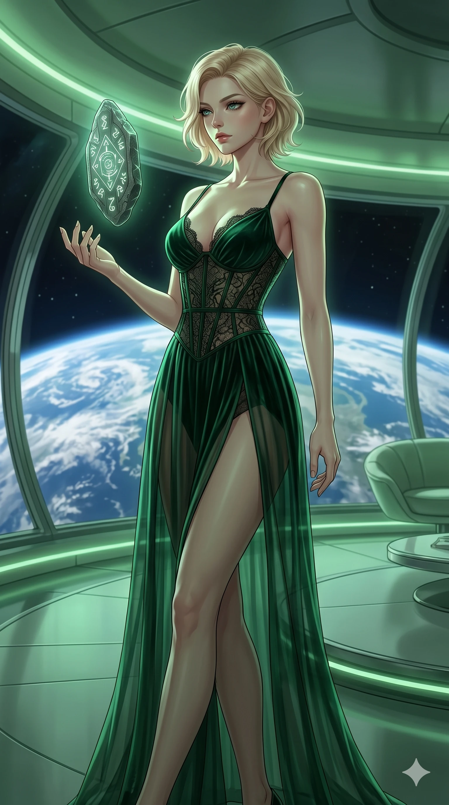 score_9, masterpiece, best quality, ultra-detailed, high-budget anime keyframe, editorial fashion photography, tasteful artistic composition, Caucasian woman, strictly human ears. cowboy shot from the thighs up, character and outfit filling the frame for maximum editorial presence. gazing at a floating runestone, her expression composed inside a space station lounge with Earth view (Code-P17-151). She has an absolutely perfect 8-heads proportion, an exceptionally tall and slender female figure with impossibly long slender legs and an ultra-slim waist. V-shaped jawline, high-bridge nose, intricate jewel-like eyes with depth, thick eyelashes, glossy lips with a natural sheen. wearing a sheer velvet gown featuring a lace corset bodice. soft green ambient light with a sharp key light tracing her silhouette and clavicle. 2k, ultra detail, master piece, 9:16 ratio