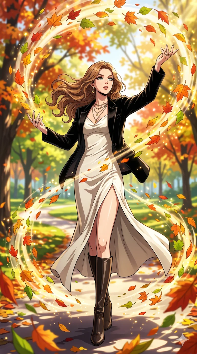 score_9, masterpiece, best quality, ultra-detailed, High-budget Anime Keyframe, beautiful Caucasian anime girl (strictly human ears). Dynamic full-body shot stretching the vertical silhouette with her statuesque presence. Summoning a whirlwind of colorful leaves in a quiet park. She has an absolutely perfect 8-heads proportion, an exceptionally tall and slender female figure with impossibly long slender legs and an ultra-slim waist. Sharp v-shaped jawline, high-bridge nose, intricate jewel-like eyes with depth, thick eyelashes, glossy lips with a natural sheen. Wearing a High-Fashion Editorial outfit: ivory silk slip dress with high side slit, backless velvet gown, structured blazer with nothing underneath. Background is a bright and colorful environment with cinematic lighting, dynamic particle effects, and high-contrast shadows. 2k, ultra detail, master piece, 9:16 ratio