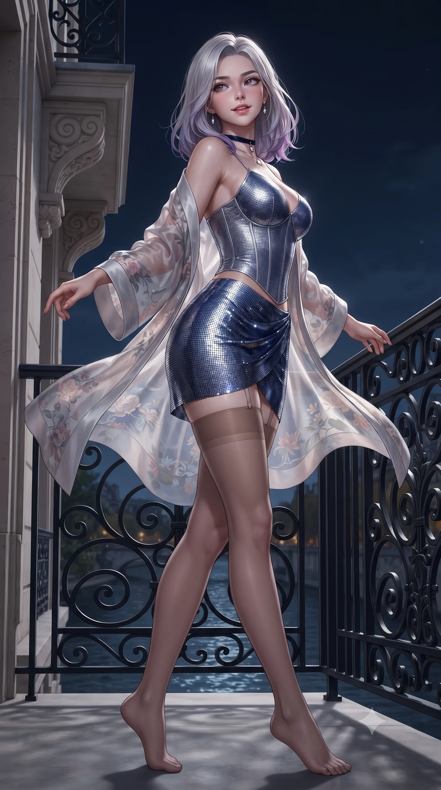 score_9, masterpiece, best quality, ultra-detailed, high-budget anime keyframe, editorial fashion photography, tasteful artistic composition, Caucasian woman. low angle full-body shot from head to toe showing her feet, filling the entire 9:16 vertical frame with her statuesque presence, stretching her vertical silhouette. executing a slow, graceful pivot turn as her skirt sways around her slender legs, glancing back with an enchanting, teasing sensual expression while twisting her slender torso in an alluring contrapposto stance, autumn midnight breezes fluttering her sheer silk robe around her curvy hips. The surrounding environment is rendered in vivid detail and crisp panoramic clarity: sharp wrought-iron filigree scrollwork, carved limestone balcony corbels, and water wake ripple clarity in deep focus. She has an absolutely perfect, statuesque 8.5-heads proportion, an exceptionally tall and slender model-like female figure with impossibly long slender legs, an ultra-slim waist, a flat toned midriff, narrow delicate ribcage, and beautifully sculpted feminine hips creating a graceful, slim hourglass silhouette without any bulky heaviness. sharp v-shaped jawline, high-bridge nose, sparkling eyes with hypnotic seductive depth, thick curled eyelashes, glossy parted lips with a natural dewy peach sheen, alluring bedroom-eyes with an enchanting coquettish smile, exuding magnetic siren charisma and sophisticated glamour, flawlessly proportioned anatomical accuracy, strict slender model proportions, natural body alignment, perfectly sculpted long slender limbs, ultra-slim waistline, clean dynamic posture without body distortion. wearing a structured boned leatherette corset bodice paired with an ultra-short micro-wrap mini skirt and sheer thigh-high stockings in molten liquid silver and deep sapphire navy, crafted from shimmering fluid chainmail mesh reflecting ambient lights, finished with a thin velvet ribbon choker and a single teardrop diamond pendant, the glove-like clinging cut tightly following the natural contour of her hips and long slender legs with youthful 8.5-heads elegance. illuminated by Seine water specular bounce and sharp platinum rim lights sculpting her jawline, flat midriff, and voluptuous hip curves. ultra-reflective glossy finish, specular highlights, rich textural contrasts, high-contrast stereoscopic depth, volumetric dynamic lighting, 2k, ultra detail, master piece, 9:16 ratio