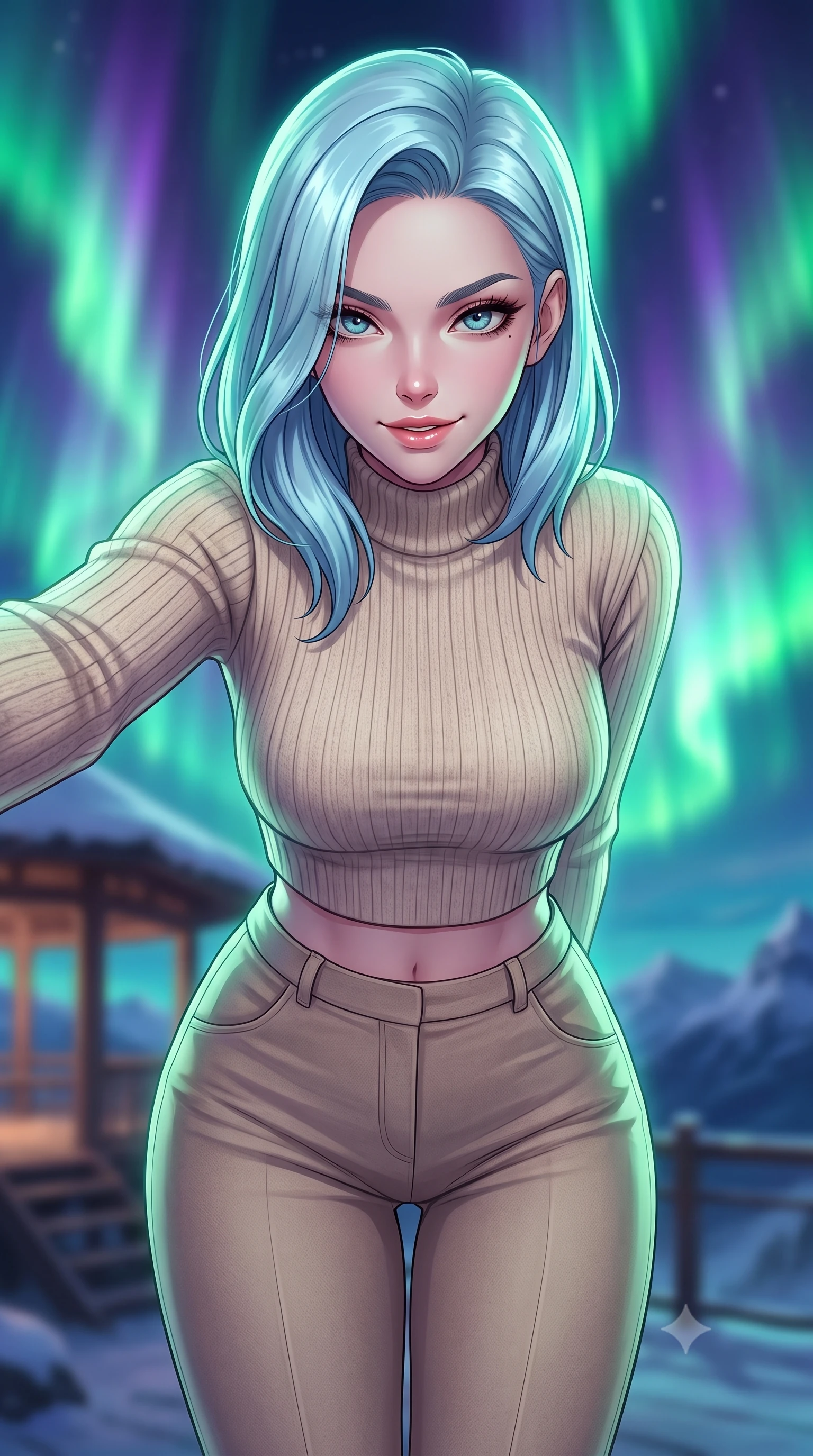 score_9, masterpiece, best quality, ultra-detailed, high-budget anime keyframe, editorial fashion photography, tasteful artistic composition, Korean woman. close-up cowboy shot from the waist and thighs up, the character dominates the composition, filling the frame with her large presence, background elements kept in soft focus. leaning slightly forward with a playful, teasing smile, her gaze locked onto the viewer the background shows a soft-focus a high-altitude mountain pavilion looking out over a glowing aurora borealis sky. She has an exceptionally elegant, slender, and willowy female figure with an ultra-slim waist, a gracefully sculpted slender torso, and a refined silhouette. sharp v-shaped jawline, high-bridge nose, intricate jewel-like eyes with depth, thick eyelashes, glossy lips with a natural sheen. wearing a slim-fit tight-fitting crop sweater in oatmeal wool, paired with high-waisted form-fitting pants. dramatic green and violet aurora curtains casting a magical duo-tone glow. highly saturated vibrant anime colors, detailed shading with soft gradients, rich glossy textures, high-contrast stereoscopic depth, volumetric dynamic lighting, master piece, 9:16 ratio