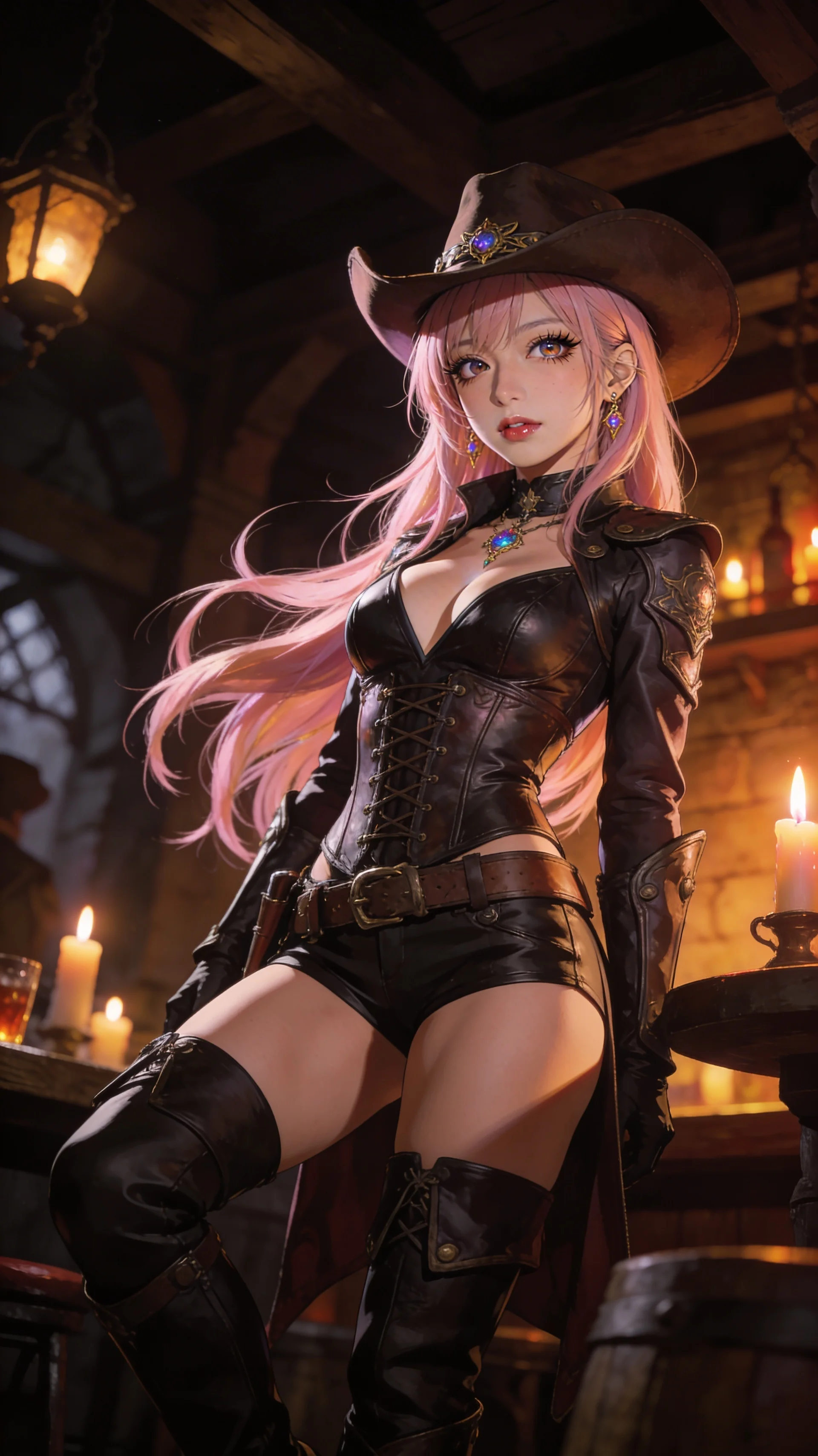 score_9, masterpiece, best quality, ultra-detailed, semi-realistic high-budget anime keyframe, an incredibly beautiful Japanese woman. Low angle cowboy shot filling the frame. She has an absolutely cute and compact proportion, an petite female figure with a slim-fit toned body. Her face is a highly detailed masterpiece featuring a v-shaped jawline, high-bridge nose, intricate jewel-like eyes, thick eyelashes, and glossy lips. She has pastel pink flowing hair. She is wearing a extremely tight leather rogue outfit, corseted waist, thigh-high boots, highlighting her alluring silhouette. Medieval tavern interior, warm candlelight, dramatic rim lighting, cinematic shadows, 2k, ultra detail, master piece, 9:16 ratio
