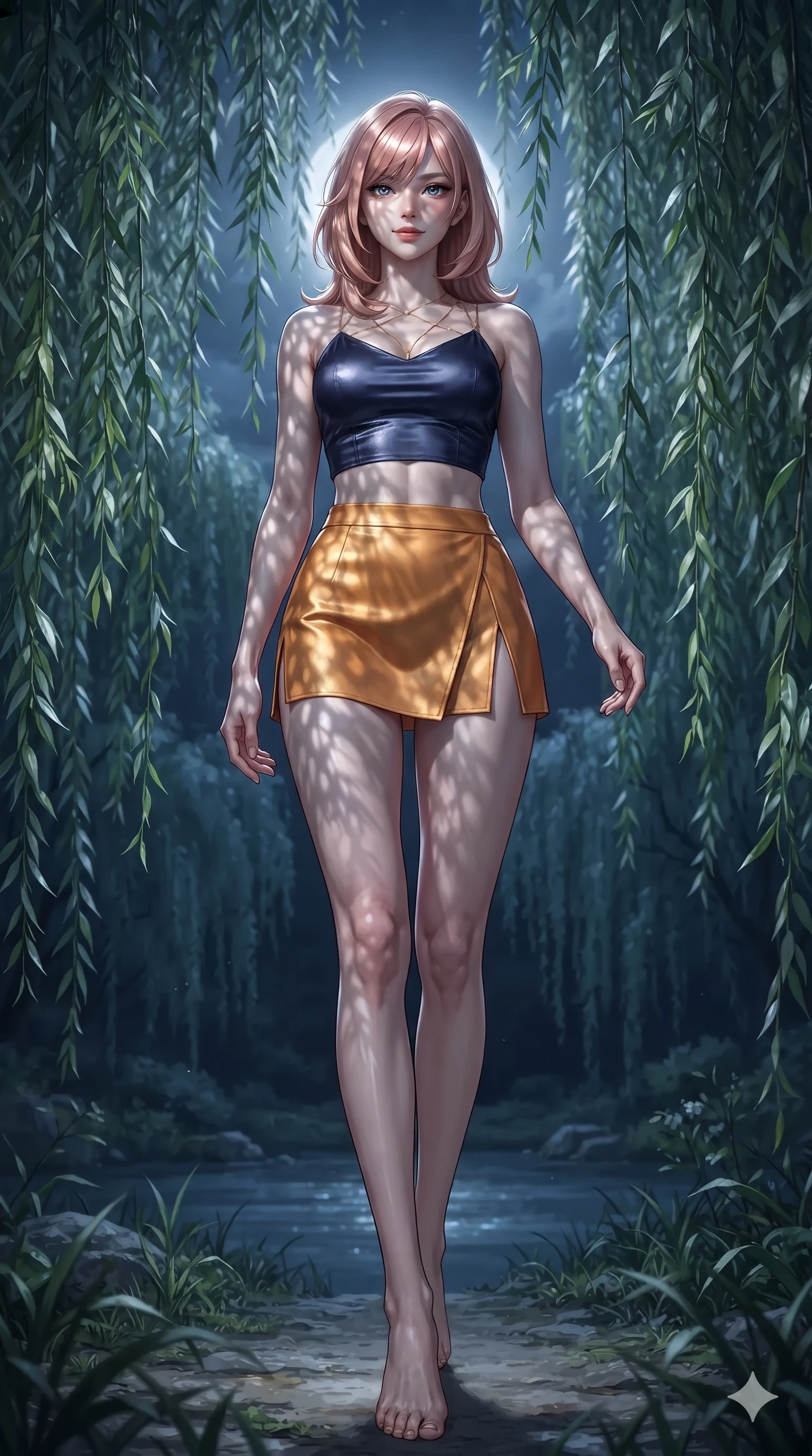 score_9, masterpiece, best quality, ultra-detailed, high-budget anime keyframe, editorial fashion photography, tasteful artistic composition, Japanese woman. low angle full-body shot from head to toe showing her feet, filling the entire 9:16 vertical frame with her statuesque presence, stretching her vertical silhouette. stepping forward in a confident stride, her long slender legs and curvaceous hips creating a dynamic, sweeping vertical line while walking slowly through the curtain of weeping willow leaves with feline poise, her long slender legs and curvy hips commanding the frame. The surrounding environment is rendered in vivid detail and crisp panoramic clarity: detailed sheer gossamer hanbok blouse tailoring, silk bandeau cling, and natural riparian landscape in razor-sharp clarity. She has an absolutely perfect, statuesque 8.5-heads proportion, an exceptionally tall and slender model-like female figure with impossibly long slender legs, an ultra-slim waist, a flat toned midriff, narrow delicate ribcage, and beautifully sculpted feminine hips creating a graceful, slim hourglass silhouette without any bulky heaviness. sharp v-shaped jawline, high-bridge nose, sparkling eyes with hypnotic seductive depth, thick curled eyelashes, glossy parted lips with a natural dewy peach sheen, alluring bedroom-eyes with an enchanting coquettish smile, exuding magnetic siren charisma and sophisticated glamour, flawlessly proportioned anatomical accuracy, strict slender model proportions, natural body alignment, perfectly sculpted long slender limbs, ultra-slim waistline, clean dynamic posture without body distortion. wearing a liquid-look silk satin jeogori crop top with low-back scoop paired with high-slit wrap mini shorts in midnight indigo and glowing lantern topaz, made of supple butter-soft lambskin leather with a subtle satin sheen, accented with a gold body chain harness subtly framing her dewy collarbones and spine, the bespoke structured tailoring following the natural line of her 8.5-heads silhouette with refined elegance. bathed in ethereal silver moonlight filtering through weeping willow leaves creating intricate dappled shadow patterns. ultra-reflective glossy finish, specular highlights, rich textural contrasts, high-contrast stereoscopic depth, volumetric dynamic lighting, 2k, ultra detail, master piece, 9:16 ratio