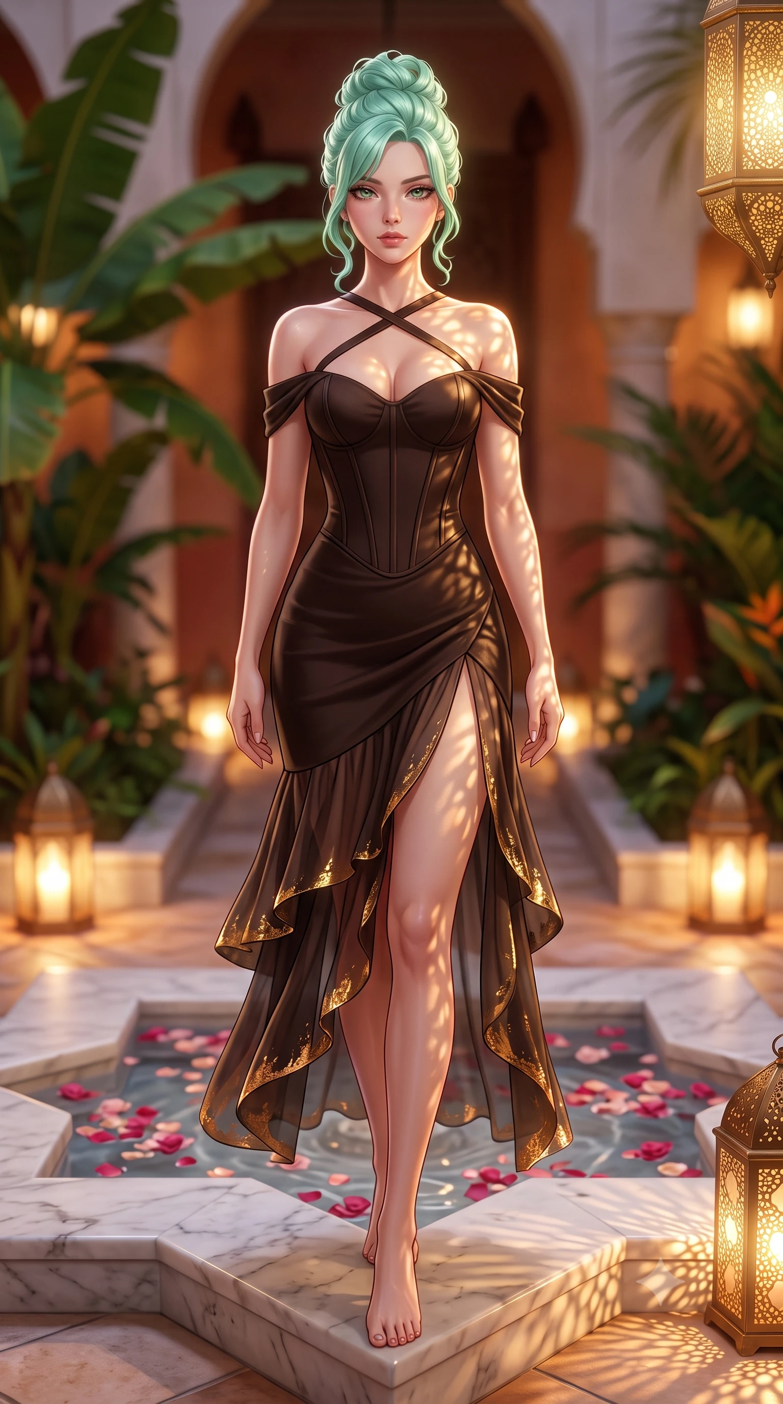 score_9, masterpiece, best quality, ultra-detailed, high-budget anime keyframe, semi-realistic 3D game render, editorial fashion photography, tasteful artistic composition, Japanese woman. low angle full-body shot from head to toe showing her feet, filling the entire 9:16 vertical frame with her statuesque presence, stretching her vertical silhouette. striding forward in a proud supermodel runway stride, hips swaying in an alluring kinetic rhythm that accentuates her curvy hourglass silhouette while sitting on the edge of the central star-shaped marble fountain filled with floating rose petals, arching her lower back as dappled lantern light traces her curves. The composition keeps background elements in soft focus with creamy bokeh. pierced brass lanterns casting intricate shadow mandalas and leafy banana palms blurred into emerald, amber, and terracotta bokeh. She has an exceptionally tall and slender model-like 8.5-heads proportion, an ultra-slim waist, a flat toned midriff, narrow delicate ribcage, and beautifully sculpted feminine hips creating a graceful, slim hourglass silhouette without any bulky heaviness, with impossibly long slender legs. sharp v-shaped jawline, high-bridge nose, intricate jewel-like eyes with depth, thick eyelashes, glossy parted lips with a natural sheen, intensely captivating and seductive bedroom-eyes expression, flawlessly proportioned anatomical accuracy, strict slender model proportions, natural body alignment, perfectly sculpted long slender limbs, ultra-slim waistline, clean dynamic posture without body distortion. wearing an off-shoulder French court corset bodice dress paired with a tiered translucent chiffon slit skirt in dark espresso brown and molten gold foil, tailored from water-resistant treated wool gabardine and flexible stretch silk, finished with criss-cross back satin straps highlighting her graceful shoulder blades, the liquid-tight tailored fabric clinging flawlessly to her narrow waist and rounded feminine hips, emphasizing every millimeter of her sculpted slim hourglass curves without any bulky heaviness. illuminated by soft ambient courtyard lanterns accentuating her sculpted collarbones, narrow waist, and curvy hips. highly saturated vibrant anime colors, detailed shading with soft gradients, rich glossy textures, high-contrast stereoscopic depth, volumetric dynamic lighting, master piece, 9:16 ratio