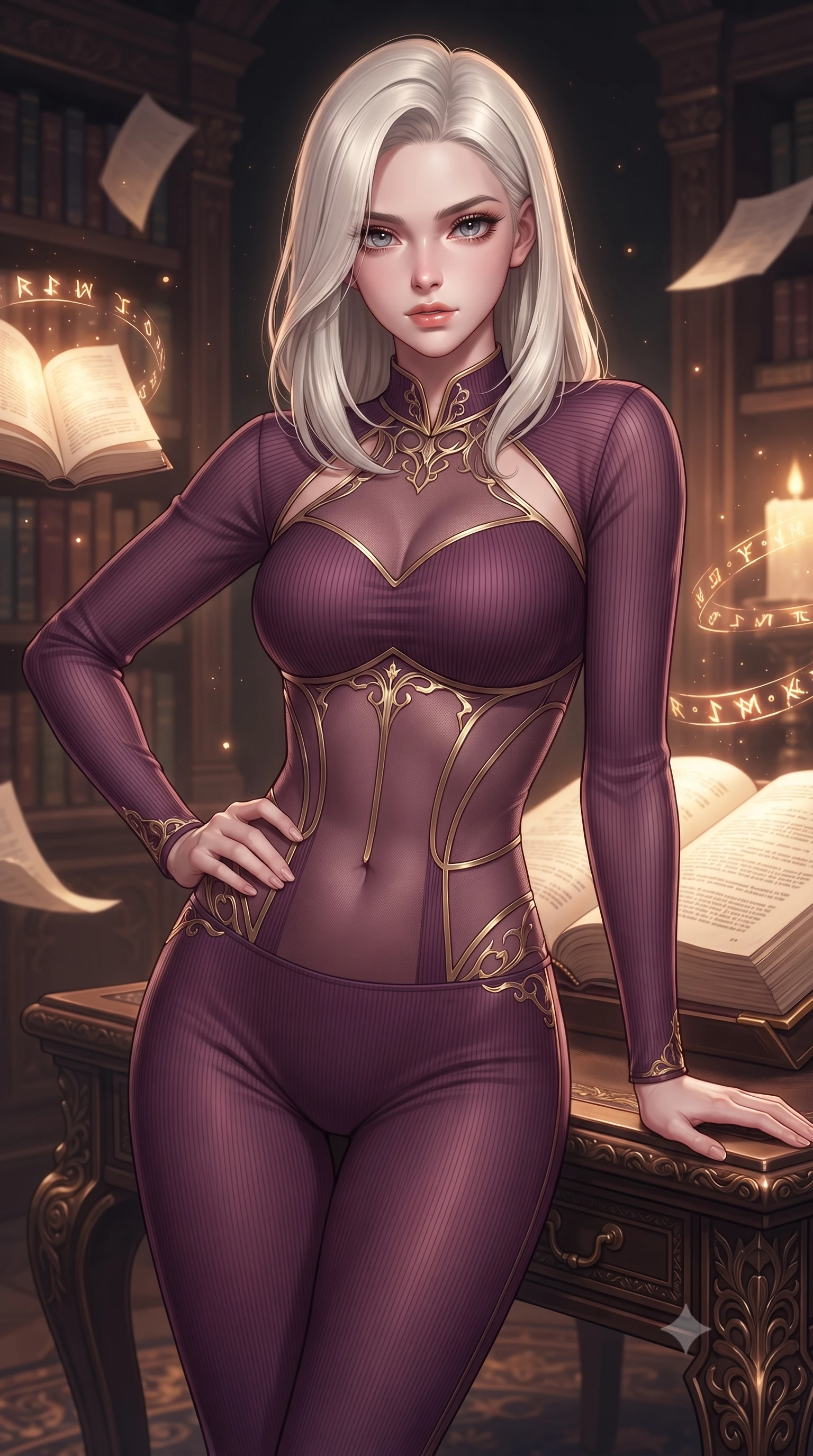 score_9, masterpiece, best quality, ultra-detailed, high-budget anime keyframe, editorial fashion photography, tasteful artistic composition, Caucasian woman. close-up cowboy shot from the waist and thighs up, the character dominates the composition, filling the frame with her large presence, background elements kept in soft focus. Holding a confident power pose with one hand on her hip, gazing directly into the camera with quiet intensity resting against an ornate leather reading desk amidst glowing spell folios, floating paper pages and glowing magic runes hovering in the quiet air. She has an exceptionally elegant, slender, and willowy female figure with an ultra-slim waist, a gracefully sculpted slender torso, and a refined silhouette. sharp v-shaped jawline, high-bridge nose, intricate jewel-like eyes with depth, thick eyelashes, glossy lips with a natural sheen. wearing a form-fitting ribbed activewear set with collar cutouts in plum purple and gold filigree, woven from fine semi-opaque sheer organza, featuring clean architectural cutouts along her slender torso, the elegant draped fit framing her graceful clavicle and slender torso. surrounded by a scholarly, opulent aura with warm chiaroscuro contrast. highly saturated vibrant anime colors, detailed shading with soft gradients, rich glossy textures, high-contrast stereoscopic depth, volumetric dynamic lighting, master piece, 9:16 ratio