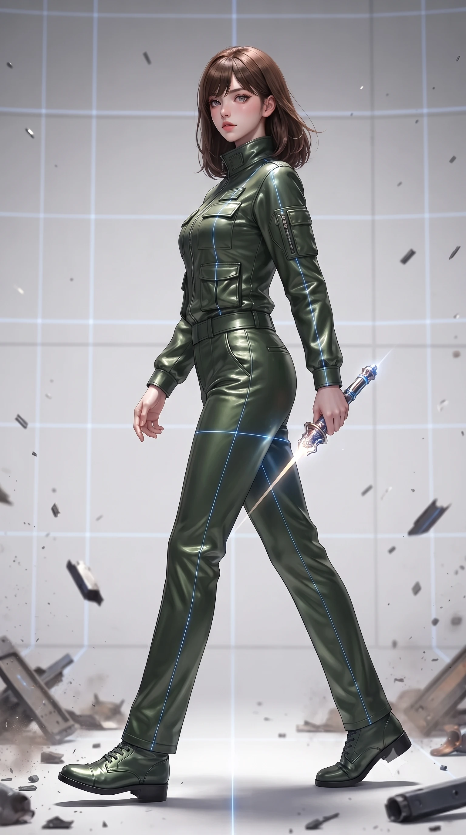 score_9, masterpiece, best quality, ultra-detailed, high-budget anime keyframe, editorial fashion photography, tasteful artistic composition, Korean woman. low angle full-body shot from head to toe showing her feet, filling the entire 9:16 vertical frame with her statuesque presence, stretching her vertical silhouette. stepping gracefully through battlefield debris with a glowing saber hilt in hand, looking back over her shoulder, the background shows a soft-focus a target calibration bay with grids of laser lines projected on white walls. She has an absolutely perfect, statuesque 8.5-heads proportion, an exceptionally tall and slender model-like female figure with impossibly long slender legs and an ultra-slim waist. sharp v-shaped jawline, high-bridge nose, intricate jewel-like eyes with depth, thick eyelashes, glossy lips with a natural sheen. wearing a slim-fit protective combat pilot jacket in deep olive green, featuring a high collar, utility pockets, and straight-fit trousers. focused blue laser lines tracing her form with precision, casting gridlines. ultra-reflective glossy finish, specular highlights, metallic sheen, high-contrast stereoscopic depth, volumetric dynamic lighting, 2k, ultra detail, master piece, 9:16 ratio
