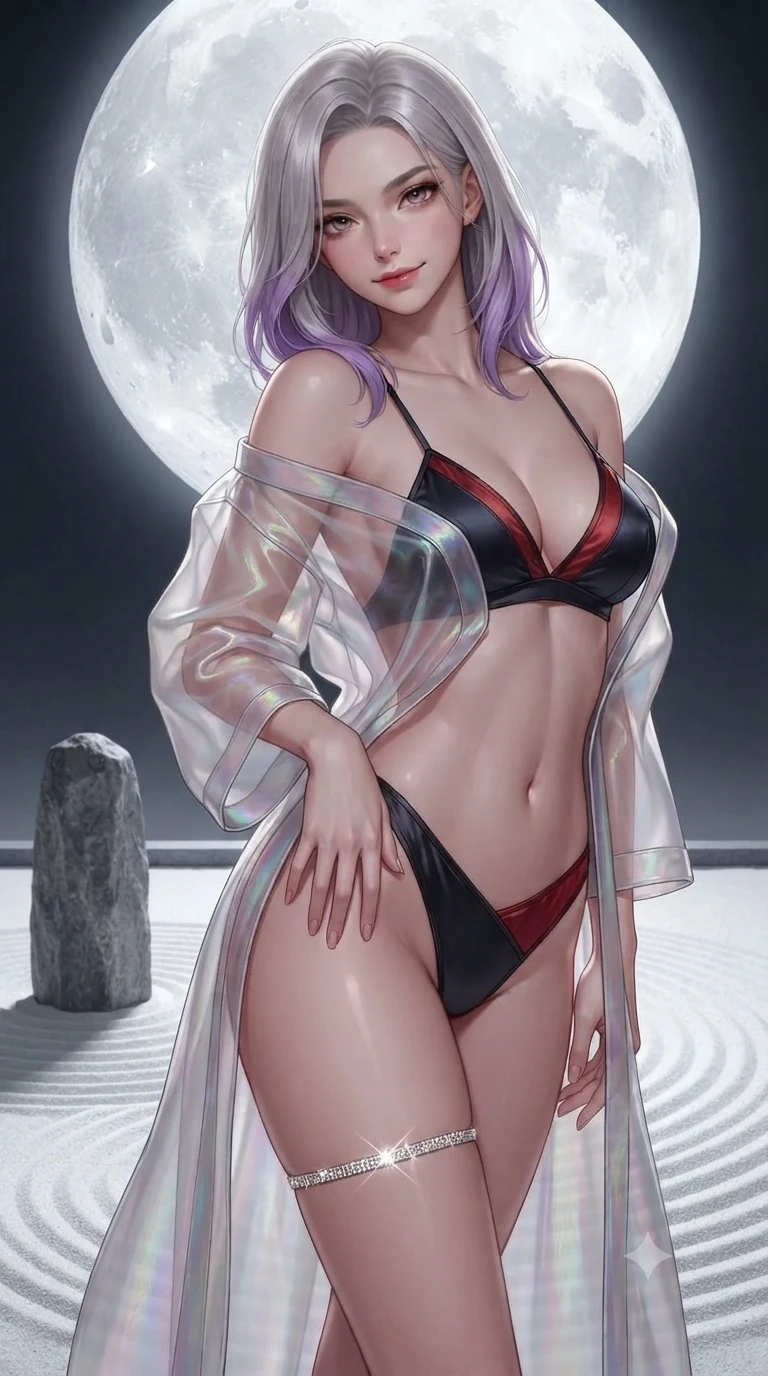 score_9, masterpiece, best quality, ultra-detailed, high-budget anime keyframe, editorial fashion photography, tasteful artistic composition, Caucasian woman. close-up cowboy shot from the waist and thighs up, the character dominates the composition, filling the frame with her large presence. tilting her head with a teasing half-smile, running one hand slowly down the side of her hip in a flirtatious S-curve as ambient light caresses her silhouette while standing tall beside a solitary upright scholar stone in the raked sand garden, arching her lower back to emphasize her curvy hips. The surrounding environment is rendered in vivid detail and crisp panoramic clarity: detailed modern boned hanbok bustier tailoring, micro-pleated skirt drape, and traditional garden craft in razor-sharp precision. She has an exceptionally elegant, slender, and willowy female figure with an ultra-slim waist, flat toned midriff, narrow ribcage, and sculpted feminine hips creating an alluring, slim hourglass silhouette without bulk. sharp v-shaped jawline, high-bridge nose, sparkling eyes with hypnotic seductive depth, thick curled eyelashes, glossy parted lips with a natural dewy peach sheen, alluring bedroom-eyes with an enchanting coquettish smile, exuding magnetic siren charisma and sophisticated glamour, flawlessly proportioned anatomical accuracy, strict slender model proportions, natural body alignment, perfectly sculpted long slender limbs, ultra-slim waistline, clean dynamic posture without body distortion. wearing a translucent iridescent organza durumagi robe slipping off bare shoulders over a matching satin micro-bralette and wrap briefs in midnight obsidian black and rich cinnabar red, tailored from smooth liquid silk satin with a natural dewy moonlight sheen, accented with a delicate crystal-encrusted thigh garter strap glinting under the lights, the precision-cut side openings and low-back scoop framing her graceful spine and the sensual sweep of her slim, toned hips. bathed in the blinding, crisp 5500K silver light of the full moon reflecting off white sand. ultra-reflective glossy finish, specular highlights, rich textural contrasts, high-contrast stereoscopic depth, volumetric dynamic lighting, 2k, ultra detail, master piece, 9:16 ratio