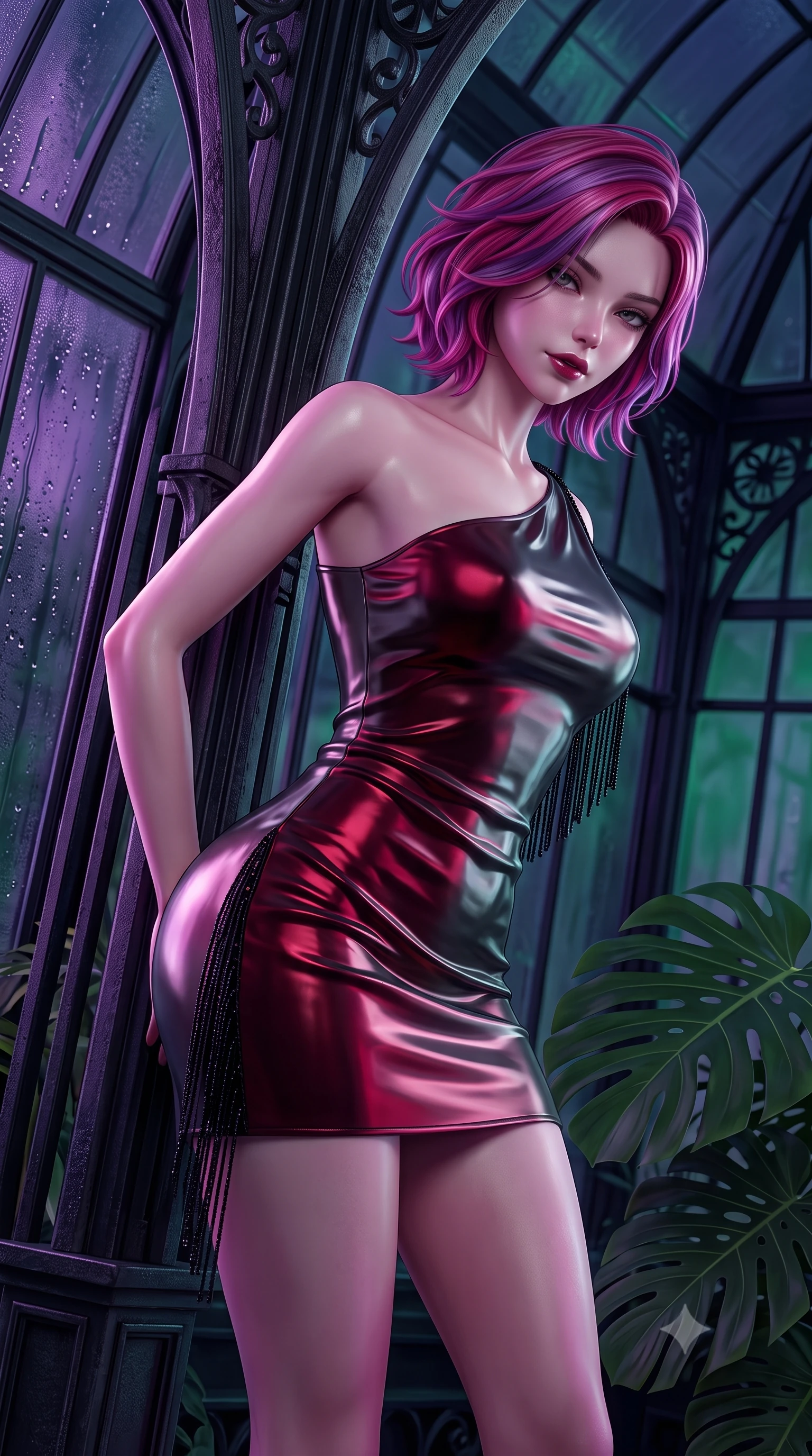score_9, masterpiece, best quality, ultra-detailed, high-budget anime keyframe, semi-realistic 3D game render, editorial fashion photography, tasteful artistic composition, Caucasian woman. close-up cowboy shot from the waist and thighs up, the character dominates the composition, filling the frame with her large presence. glancing down over lowered lashes before meeting the camera with quiet, devastating intensity, her tailored outfit tracing her ultra-slim waist and hips while leaning against a soaring cast-iron structural rib with hips cocked back, casting a smoldering bedroom-gaze through tropical night mist. The surrounding environment is rendered in vivid detail and crisp panoramic clarity. sharp wrought-iron framework texture, exotic monstera leaf edges, and glass condensation beads in deep focus. She has an exceptionally elegant, slender, and willowy female figure with an ultra-slim waist, flat toned midriff, narrow ribcage, and sculpted feminine hips creating an alluring, slim hourglass silhouette without bulk. sharp v-shaped jawline, high-bridge nose, intricate jewel-like dark sparkling eyes with dangerous depth, thick curled eyelashes, glossy parted lips with a rich wine sheen, smoldering seductive half-smile with bedroom-eyes, exuding effortless superiority and intoxicating dark allure, flawlessly proportioned anatomical accuracy, strict slender model proportions, natural body alignment, perfectly sculpted long slender limbs, ultra-slim waistline, clean dynamic posture without body distortion. wearing an asymmetric one-shoulder liquid mercury metallic mini dress hugging her narrow waist and curvy hips in ruby crimson and muted shadow black, crafted from heavy fluid silk satin with a liquid mirror-like drape, accented with fine jet-black beaded tassels that sway with each movement, the glove-like silhouette tightly following the natural contour of her hips and long slender legs with youthful 8.5-heads elegance. bathed in moody ultraviolet and deep emerald ambient backlights filtering through soaring glass panes. highly saturated vibrant anime colors, detailed shading with soft gradients, rich glossy textures, high-contrast stereoscopic depth, volumetric dynamic lighting, master piece, 9:16 ratio