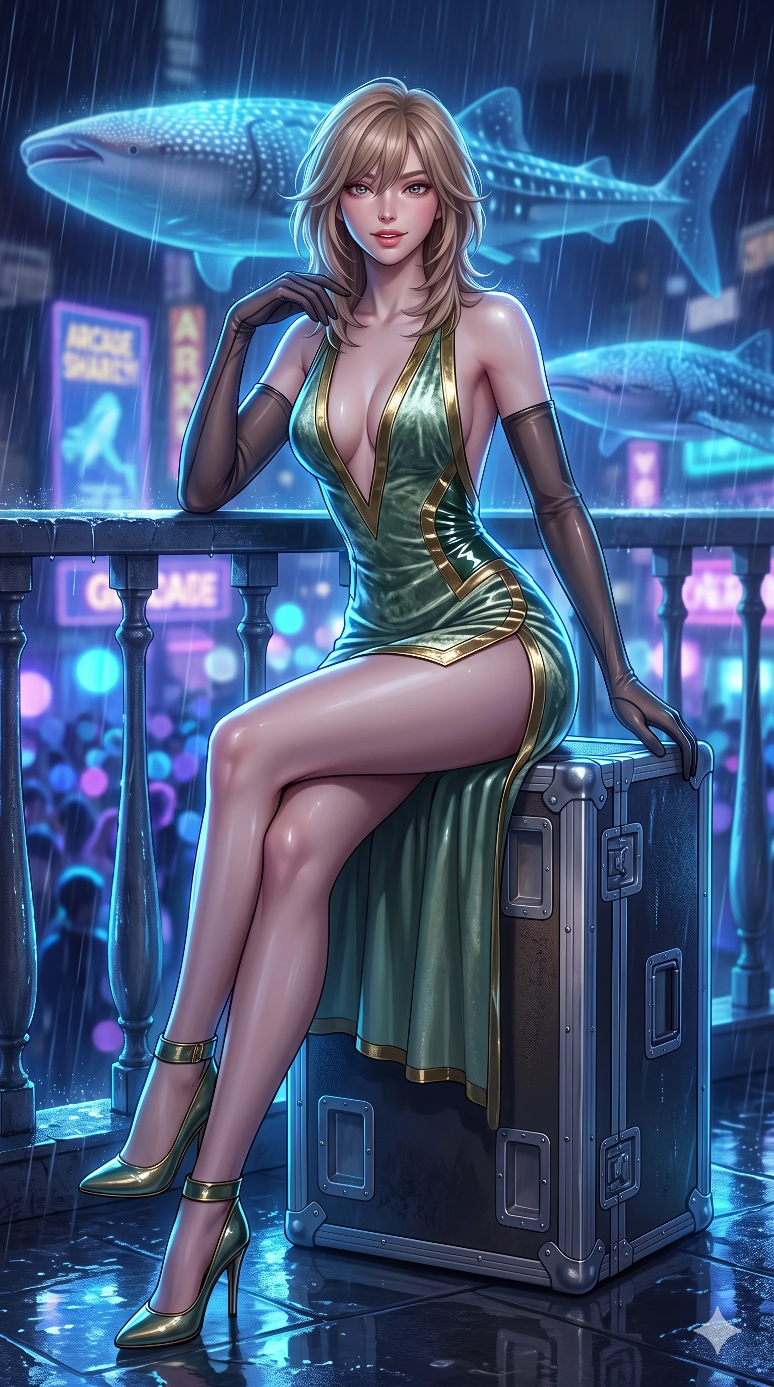 score_9, masterpiece, best quality, ultra-detailed, high-budget anime keyframe, editorial fashion photography, tasteful artistic composition, Japanese woman. low angle full-body shot from head to toe showing her feet, filling the entire 9:16 vertical frame with her statuesque presence, stretching her vertical silhouette. leaning deep against the balcony balustrade with hips cocked back in an unapologetically alluring high-fashion stance, casting an intoxicating glance while sitting gracefully on the arcade equipment case with legs crossed, flashing an enchanting smile with parted glossy lips. The background shows a soft-focus gigantic holographic whale sharks swimming through urban rain, glowing arcade marquees, and dense street crowds blurred into cobalt, violet, and electric cyan bokeh. She has an exceptionally tall and slender model-like 8.5-heads proportion, an ultra-slim waist, a flat toned midriff, narrow delicate ribcage, and beautifully sculpted feminine hips creating a graceful, slim hourglass silhouette without any bulky heaviness, with impossibly long slender legs. sharp v-shaped jawline, high-bridge nose, intricate jewel-like sparkling eyes with depth, thick eyelashes, glossy parted lips with a natural peach sheen, bright cheerful beaming smile with an enchanting and coquettish sensual glint, exuding both youthful cute charm and seductive allure, flawlessly proportioned anatomical accuracy, strict slender model proportions, natural body alignment, perfectly sculpted long slender limbs, ultra-slim waistline, clean dynamic posture without body distortion. wearing a backless crushed velvet mini dress with a deep plunging neckline and hip-high thigh slit in celadon jade and antique gold-leaf, tailored from high-gloss patent leather with mirror-like specular highlights, complemented by sheer opera-length evening gloves tracing her slender arms, the bespoke structured tailoring following the natural line of her 8.5-heads silhouette with refined elegance. illuminated by puddle reflection bounce and sharp neon-blue rim lights defining her jawline, narrow waist, and curvy hips. ultra-reflective glossy finish, specular highlights, rich textural contrasts, high-contrast stereoscopic depth, volumetric dynamic lighting, 2k, ultra detail, master piece, 9:16 ratio