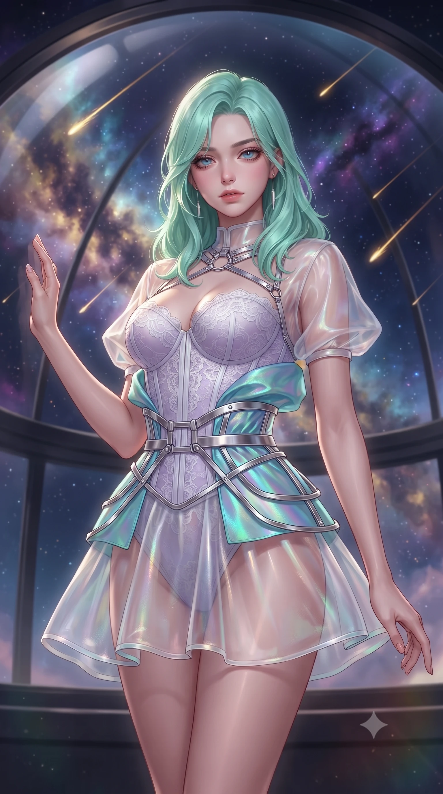 score_9, masterpiece, best quality, ultra-detailed, high-budget anime keyframe, editorial fashion photography, tasteful artistic composition, Japanese woman. close-up cowboy shot from the waist and thighs up, the character dominates the composition, filling the frame with her large presence, background elements kept in soft focus. Casting a slow, direct gaze beneath heavy lashes with quiet intensity, looking out a circular glass dome as cosmic nebula dust clouds swirl outside, falling meteor trails creating sharp golden light streaks across the night sky. She has an exceptionally elegant, slender, and willowy female figure with an ultra-slim waist, a gracefully sculpted slender torso, and a refined silhouette. sharp v-shaped jawline, high-bridge nose, intricate jewel-like eyes with depth, thick eyelashes, glossy lips with a natural sheen. wearing translucent opal organza mini dress over structured white lace corset in pastel lavender violet, made of iridescent turquoise taffeta, highlighted by a platinum metallic harness structure, highlighting her statuesque proportions and ultra-slim waistline. surrounded by a glowing starlight aura with sharp specular highlights. ultra-reflective glossy finish, specular highlights, metallic sheen, high-contrast stereoscopic depth, volumetric dynamic lighting, 2k, ultra detail, master piece, 9:16 ratio