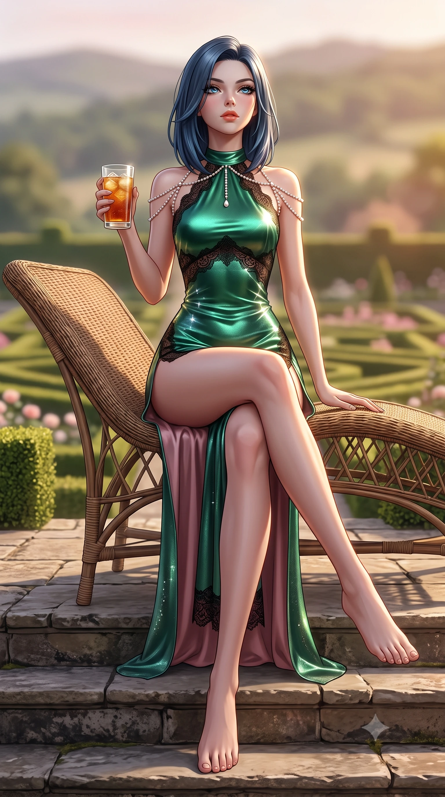 score_9, masterpiece, best quality, ultra-detailed, high-budget anime keyframe, semi-realistic 3D game render, editorial fashion photography, tasteful artistic composition, Caucasian woman. low angle full-body shot from head to toe showing her feet, filling the entire 9:16 vertical frame with her statuesque presence, stretching her vertical silhouette. sitting poised on the stone steps with one knee bent, arching her spine with supermodel elegance as she glances upward through thick eyelashes while lounging gracefully on a vintage wicker chaise lounge with legs crossed, holding a glass of iced tea with an intoxicating, smoldering gaze. The background shows a soft-focus formal geometric English rose parterres below, clipped boxwood hedges, and distant rolling hills blurred into blush, sage, and golden amber bokeh. She has an absolutely perfect, statuesque 8.5-heads proportion, an exceptionally tall and slender model-like female figure with impossibly long slender legs, an ultra-slim waist, a flat toned midriff, narrow delicate ribcage, and beautifully sculpted feminine hips creating a graceful, slim hourglass silhouette without any bulky heaviness. sharp v-shaped jawline, high-bridge nose, sparkling eyes with hypnotic seductive depth, thick curled eyelashes, glossy parted lips with a natural dewy peach sheen, alluring bedroom-eyes with an enchanting coquettish smile, exuding magnetic siren charisma and sophisticated glamour, flawlessly proportioned anatomical accuracy, strict slender model proportions, natural body alignment, perfectly sculpted long slender limbs, ultra-slim waistline, clean dynamic posture without body distortion. wearing a slinky backless halterneck column mini dress in shimmering liquid emerald satin with deep side leg slits in dusky blush rose and antique black chantilly lace, woven from stretch metallic lurex jersey casting radiant starlight glints across her silhouette, finished with a pearl-drop body harness subtly framing her dewy collarbones and spine, the form-contouring silhouette accentuating her sculpted flat midriff, narrow delicate ribcage, and gracefully curvy hips with intoxicating allure. illuminated by glass door reflections and sharp warm-gold rim lights sculpting her delicate clavicles, ultra-slim waist, and curvy hips. highly saturated vibrant anime colors, detailed shading with soft gradients, rich glossy textures, high-contrast stereoscopic depth, volumetric dynamic lighting, master piece, 9:16 ratio