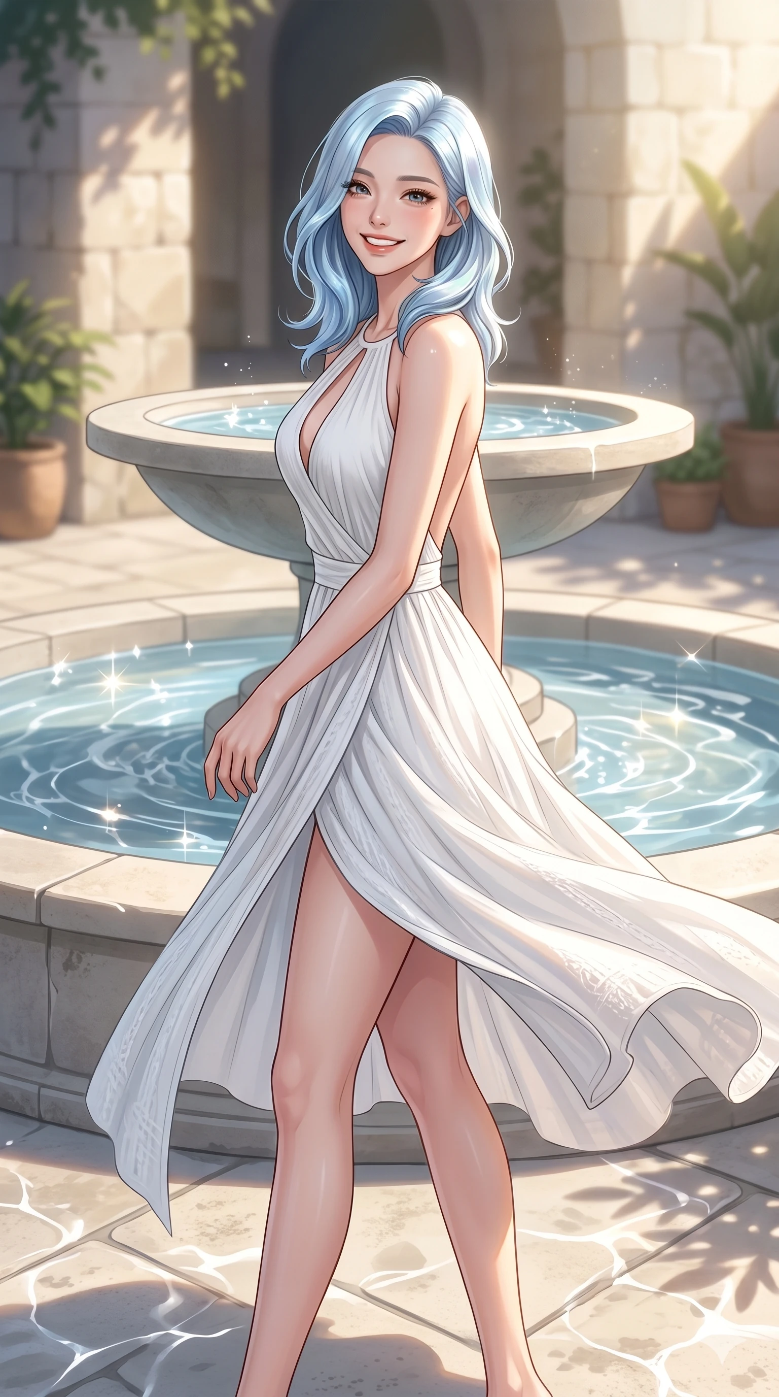 score_9, masterpiece, best quality, ultra-detailed, high-budget anime keyframe, editorial fashion photography, tasteful artistic composition, Korean woman. cowboy shot from the thighs up, character and outfit filling the frame for maximum editorial presence. turning around with a bright, happy smile, her eyes full of warmth walking near a modern fountain in a sun-drenched courtyard. She has an absolutely perfect 8-heads proportion, an exceptionally tall and slender female figure with impossibly long slender legs and an ultra-slim waist. V-shaped jawline, high-bridge nose, intricate jewel-like eyes with depth, thick eyelashes, glossy lips with a natural sheen. wearing a white cotton wrap dress with a tasteful keyhole cutout and bare back. drenched in morning sunlight casting a soft, clean glow over the courtyard fountain. 2k, ultra detail, master piece, 9:16 ratio
