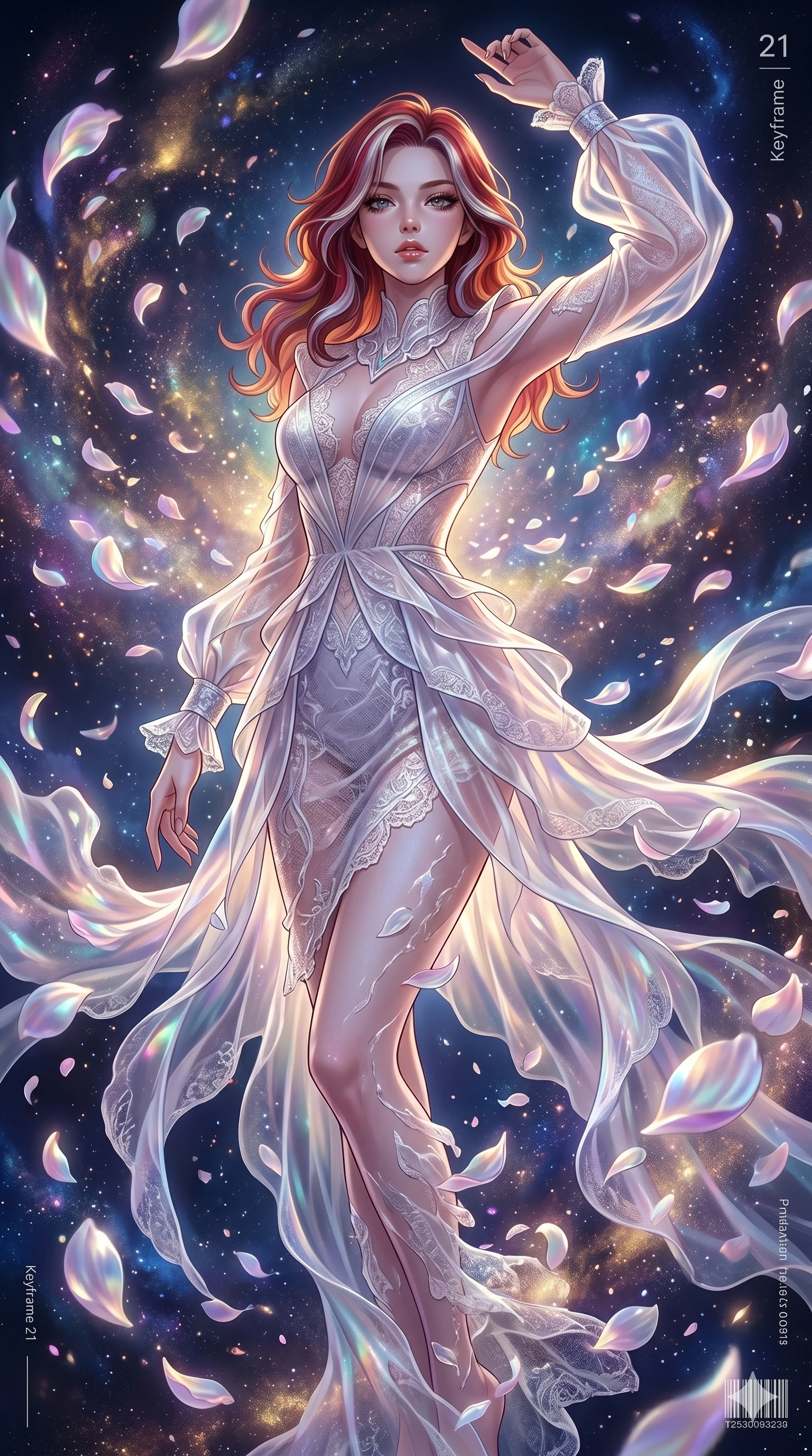 score_9, masterpiece, best quality, ultra-detailed, High-budget Anime Keyframe, East Asian woman. Low angle cowboy shot filling the entire 9:16 frame with her statuesque presence. Scenario 21: Dissolving into a cloud of iridescent silk petals in a void. Her presence is magnetic and overpowering in this high-budget anime scene. Outfit 21: A delicate technical lace avant-garde with a artistic translucent overlays and delicate lace embroidery. The clothing is designed to emphasize her exceptionally tall and slender 8-heads proportion. 8-heads proportion, towering silhouette, ultra-slim waist. sharp v-shaped jawline, intricate jewel-like eyes with depth, thick eyelashes, glossy lips. 2k, ultra detail, master piece, 9:16 ratio