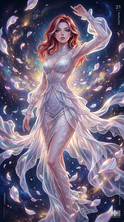 score_9, masterpiece, best quality, ultra-detailed, High-budget Anime Keyframe, East Asian woman. Low angle cowboy shot filling the entire 9:16 frame with her statuesque presence. Scenario 21: Dissolving into a cloud of iridescent silk petals in a vo