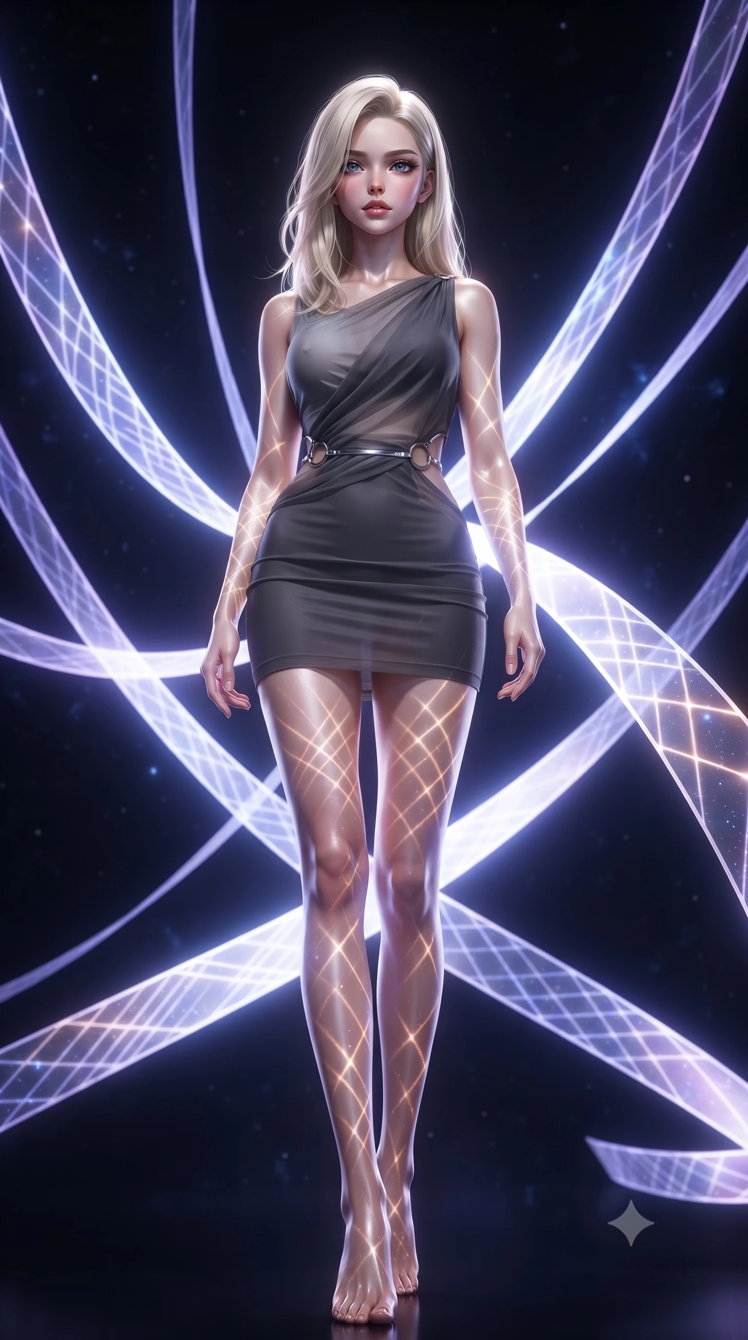 score_9, masterpiece, best quality, ultra-detailed, high-budget anime keyframe, editorial fashion photography, tasteful artistic composition, Caucasian woman. low angle full-body shot from head to toe showing her feet, filling the entire 9:16 vertical frame with her statuesque presence, stretching her vertical silhouette. navigating the luminous space with effortless poise, displaying her perfect model proportions navigating a maze of glowing silk ribbons that pulse to a cosmic rhythm, intricate geometric lattice patterns of light projected onto her skin. She has an absolutely perfect, statuesque 8.5-heads proportion, an exceptionally tall and slender model-like female figure with impossibly long slender legs and an ultra-slim waist. sharp v-shaped jawline, high-bridge nose, intricate jewel-like eyes with depth, thick eyelashes, glossy lips with a natural sheen. wearing a precision-fitted liquid jersey bodycon dress with a draped back in charcoal grey and platinum, woven from fine semi-opaque sheer organza, accented with delicate chrome ring hardware framing her waist, the elegant draped fit framing her graceful clavicle and slender torso. surrounded by a vibrant fluorescent aura with bright rim highlights. ultra-reflective glossy finish, specular highlights, metallic sheen, high-contrast stereoscopic depth, volumetric dynamic lighting, 2k, ultra detail, master piece, 9:16 ratio