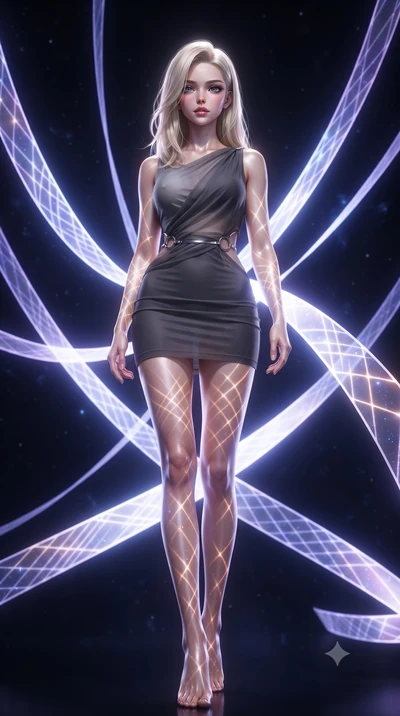 score_9, masterpiece, best quality, ultra-detailed, high-budget anime keyframe, editorial fashion photography, tasteful artistic composition, Caucasian woman. low angle full-body shot from head to toe showing her feet, filling the entire 9:16 vertica