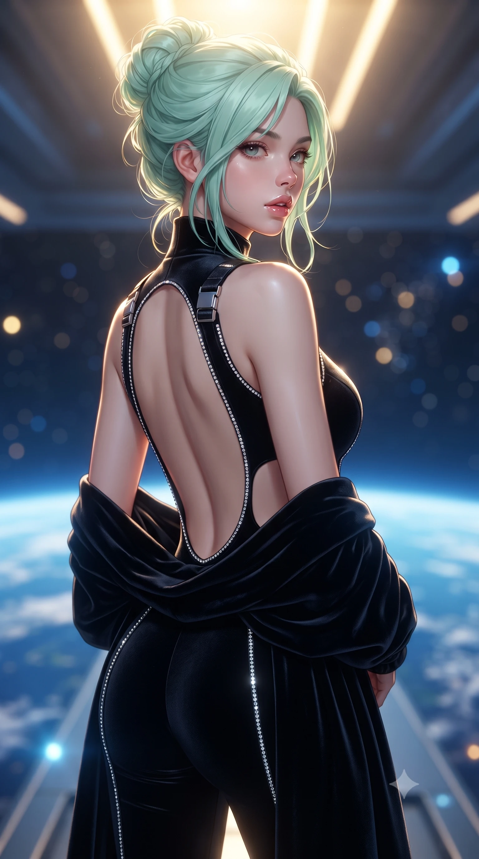 score_9, masterpiece, best quality, ultra-detailed, high-budget anime keyframe, editorial fashion photography, tasteful artistic composition, Japanese woman. close-up cowboy shot from the waist and thighs up, the character dominates the composition, filling the frame with her large presence. posing in an alluring rear three-quarter angle, arching her lower back in a pronounced S-curve with one hand on her hip, glancing seductively over her bare shoulder with parted glossy lips while pivoting gracefully along the illuminated orbital corridor, her liquid metallic garments clinging to her sculpted flat midriff and feminine hips. The composition keeps background elements in soft focus with creamy bokeh. swirling blue Earth oceans and blinding orbital sunrise ribbons blurred into deep azure, liquid gold, and starlight diamond bokeh. She has an exceptionally elegant, slender, and willowy female figure with an ultra-slim waist, flat toned midriff, narrow ribcage, and sculpted feminine hips creating an alluring, slim hourglass silhouette without bulk. sharp v-shaped jawline, high-bridge nose, intricate jewel-like eyes with depth, thick eyelashes, glossy parted lips with a natural sheen, intensely captivating and seductive bedroom-eyes expression, flawlessly proportioned anatomical accuracy, strict slender model proportions, natural body alignment, perfectly sculpted long slender limbs, ultra-slim waistline, clean dynamic posture without body distortion. wearing a high-collar speedsuit featuring bold side-torso cutouts and quick-release titanium buckles in pitch-black velvet with diamond crystal trim, tailored from water-resistant treated wool gabardine and flexible stretch silk, complemented by a plush velvet shawl draped loosely over her elbows, the dramatically scooped open back descending to the base of her spine, accentuating her razor-sharp statuesque lines and slim hourglass silhouette. bathed in radiant golden orbital sunrise backlighting and ambient cool blue Earth glow from below. ultra-reflective glossy finish, specular highlights, rich textural contrasts, high-contrast stereoscopic depth, volumetric dynamic lighting, 2k, ultra detail, master piece, 9:16 ratio