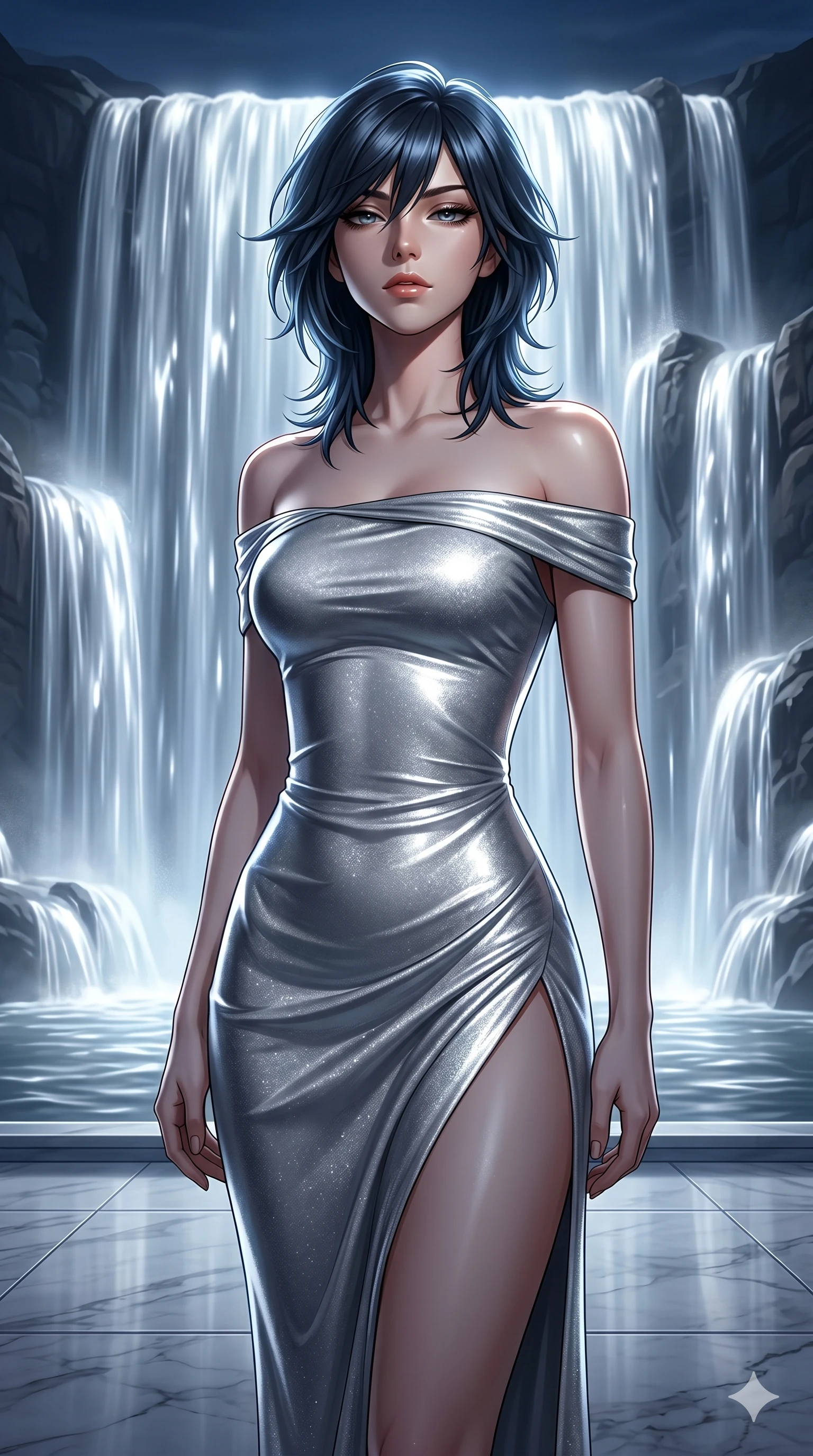 score_9, masterpiece, best quality, ultra-detailed, high-budget anime keyframe, editorial fashion photography, tasteful artistic composition, Caucasian woman, strictly human ears. cowboy shot from the thighs up, character and outfit filling the frame for maximum editorial presence. Tilting her chin up slightly with a composed, powerful expression, her eyes glancing downward on a marble terrace overlooking a cascading waterfall of glowing liquid silver. She has an absolutely perfect 8-heads proportion, an exceptionally tall and slender female figure with impossibly long slender legs and an ultra-slim waist. V-shaped jawline, high-bridge nose, intricate jewel-like eyes with depth, thick eyelashes, glossy lips with a natural sheen. wearing an asymmetric off-shoulder dress in liquid silver jersey with a body-contouring fit and high slit. under high-contrast theatrical lighting with a spotlight highlighting her face and shoulders. 2k, ultra detail, master piece, 9:16 ratio