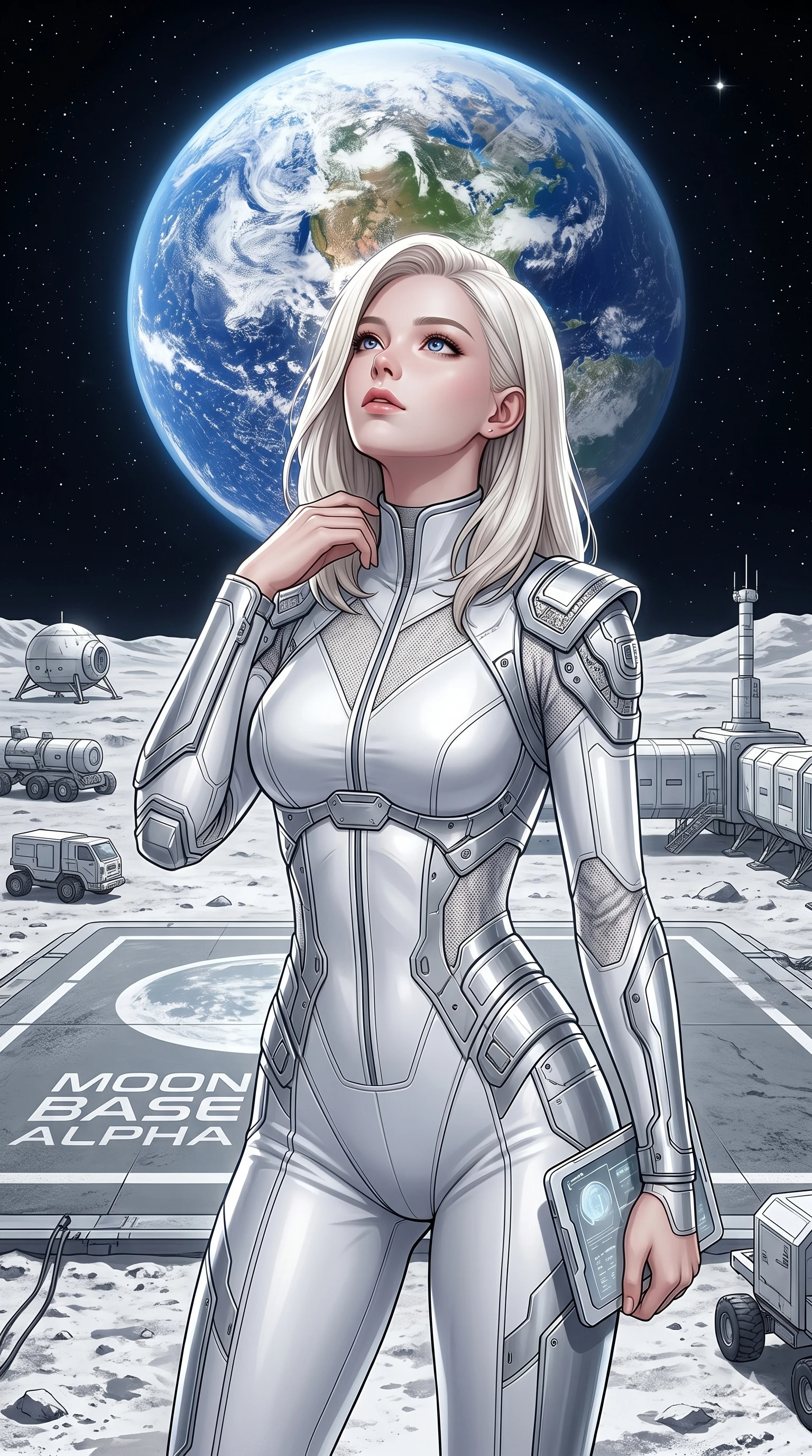 score_9, masterpiece, best quality, ultra-detailed, high-budget anime keyframe, editorial fashion photography, tasteful artistic composition, Caucasian woman, strictly human ears. Upper body close-up from the thighs up, character filling the screen for maximum presence. Standing on the landing pad of a moon base, under a black sky, looking up at the Earth with an awe-struck, serene expression. She is wearing a sleek white and silver tech-jumpsuit with structured shoulder panels. The scene is bathed in the bright white light reflected from the lunar soil. 2k, ultra detail, master piece, 9:16 ratio