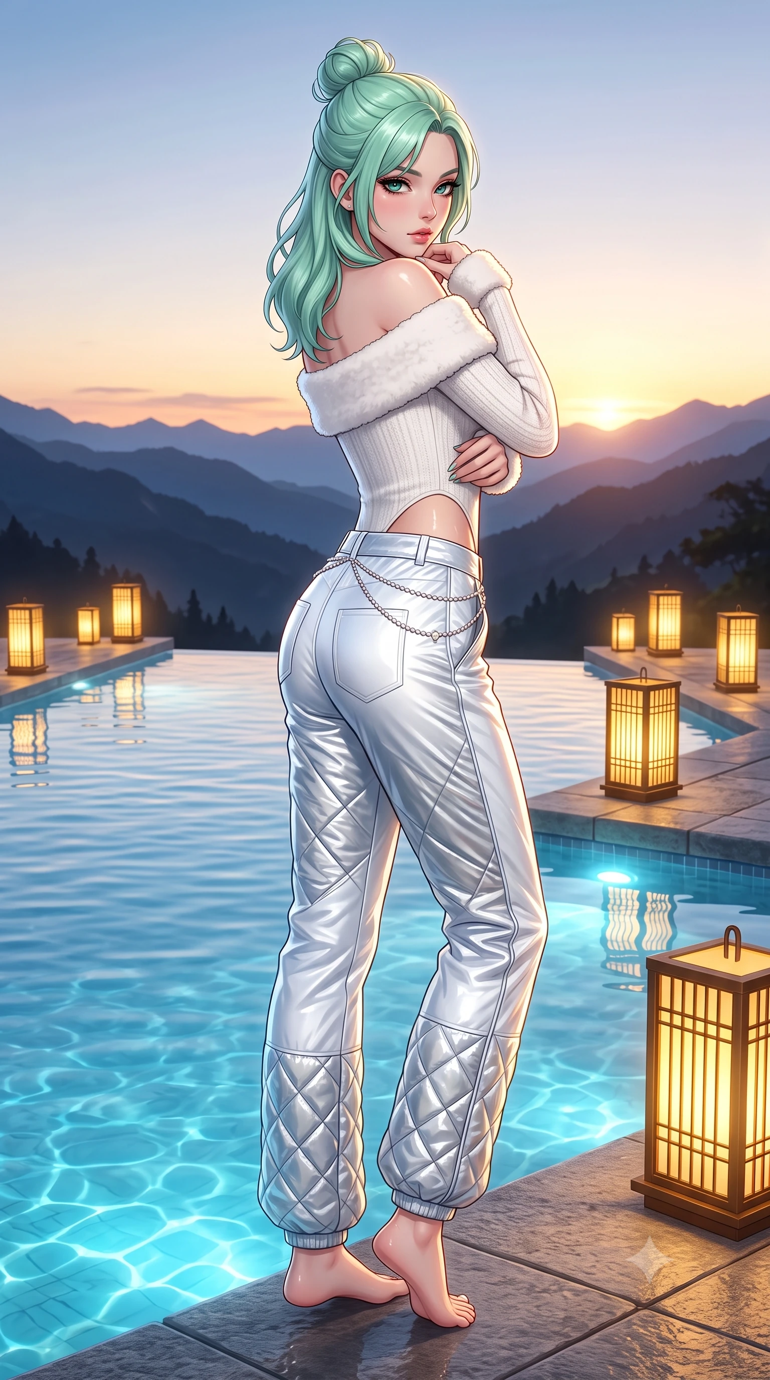 score_9, masterpiece, best quality, ultra-detailed, high-budget anime keyframe, semi-realistic 3D game render, editorial fashion photography, tasteful artistic composition, Japanese woman. low angle full-body shot from head to toe showing her feet, filling the entire 9:16 vertical frame with her statuesque presence, stretching her vertical silhouette. executing an elegant mid-motion turn as garments swirl around her slender limbs, glancing over her shoulder with smoldering allure while resting her chin on her crossed arms at the infinity pool's edge, gazing into the camera with bedroom-eyes. The surrounding environment is rendered in vivid detail and crisp panoramic clarity. detailed mountain ridge silhouettes, glowing lantern lattice, and wet skin highlights in high clarity. She has an absolutely perfect, statuesque 8.5-heads proportion, an exceptionally tall and slender model-like female figure with impossibly long slender legs, a toned flat midriff, and an ultra-slim waist. sharp v-shaped jawline, high-bridge nose, intricate jewel-like eyes with depth, thick eyelashes, glossy parted lips with a natural sheen, intensely captivating and seductive expression, flawlessly proportioned anatomical accuracy, strict slender model proportions, natural body alignment, perfectly sculpted long slender limbs, ultra-slim waistline, clean dynamic posture without body distortion. wearing an off-shoulder white shearling-trimmed knit bodysuit paired with high-waisted metallic snow trousers in pure glacier white and shimmering silver, crafted from metallic silver ripstop nylon with plush goose-down quilting, accented with a dainty diamond waist chain catching the firelight glow, the snug thermal second-skin fit accentuating her razor-sharp statuesque lines and slim hourglass silhouette amidst the cold snow. bathed in soft underwater pool illumination and warm golden stone lantern downlights. highly saturated vibrant anime colors, detailed shading with soft gradients, rich glossy textures, high-contrast stereoscopic depth, volumetric dynamic lighting, master piece, 9:16 ratio