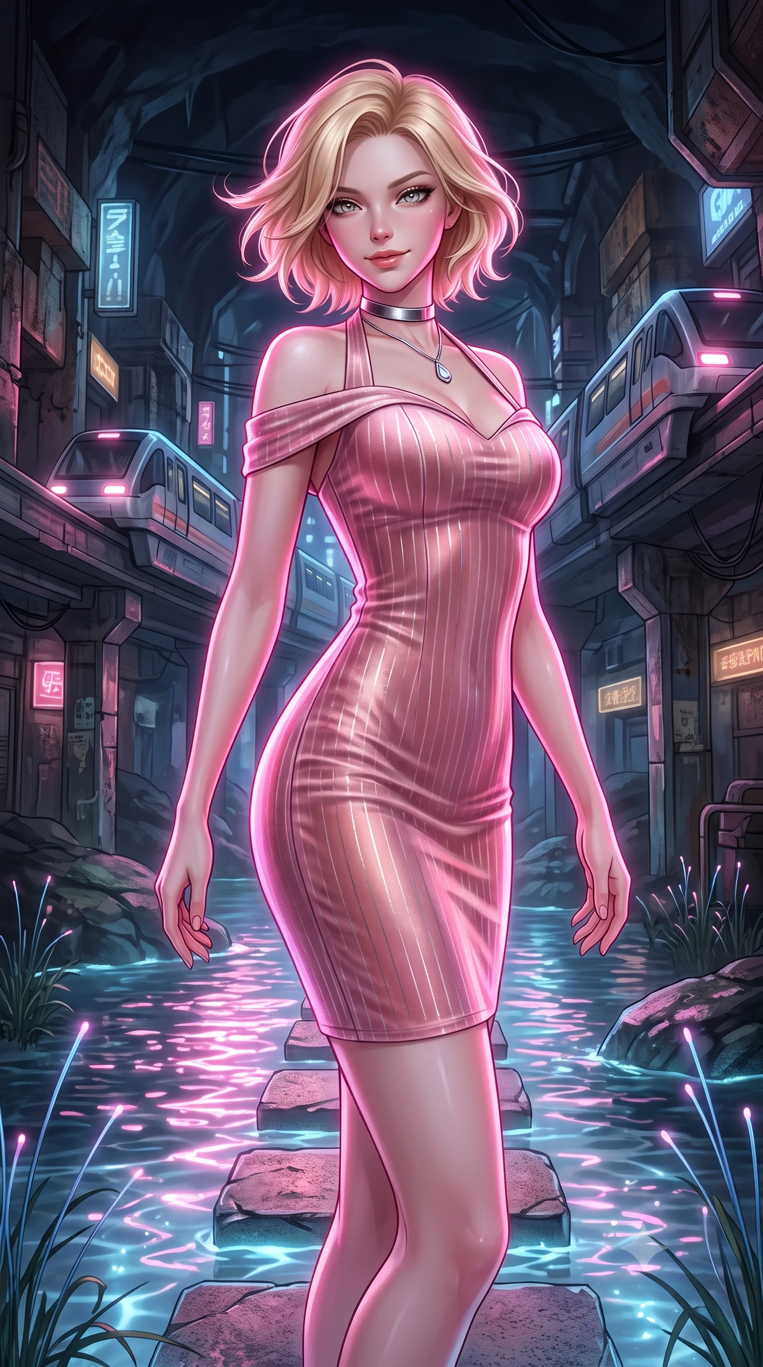 score_9, masterpiece, best quality, ultra-detailed, high-budget anime keyframe, semi-realistic 3D game render, editorial fashion photography, tasteful artistic composition, Caucasian woman. close-up cowboy shot from the waist and thighs up, the character dominates the composition, filling the frame with her large presence. turning slowly with an enchanting smoldering smile, her glossy hair tossing in the breeze as her hips angle gracefully in a captivating contrapposto while standing poised on the illuminated stepping stones across the glowing subterranean stream, arching her spine with seductive grace as maglev trains rumble overhead. The surrounding environment is rendered in vivid detail and crisp panoramic clarity: sharp water ripple reflections on stepping stones, weathered cyber-concrete textures, and fiber-optic reed stems in deep focus. She has an exceptionally elegant, slender, and willowy female figure with an ultra-slim waist, flat toned midriff, narrow ribcage, and sculpted feminine hips creating an alluring, slim hourglass silhouette without bulk. sharp v-shaped jawline, high-bridge nose, intricate jewel-like sparkling eyes with depth, thick eyelashes, glossy parted lips with a natural peach sheen, bright cheerful beaming smile with an enchanting and coquettish sensual glint, exuding both youthful cute charm and seductive allure, flawlessly proportioned anatomical accuracy, strict slender model proportions, natural body alignment, perfectly sculpted long slender limbs, ultra-slim waistline, clean dynamic posture without body distortion. wearing a tailored velvet bodycon dress with metallic fiber pinstripes following her statuesque 8.5-heads silhouette in Solaris liquid rose-quartz and alien peach, crafted from bespoke double-faced cashmere with an exceptionally soft tactile finish, finished with a minimalist chrome choker and a single teardrop diamond pendant, the second-skin tailored fabric adhering flawlessly to her sculpted flat midriff and slender torso, emphasizing her long leg lines and perfectly proportioned willowy build. illuminated by canal water reflection bounce and sharp neon-pink rim lights sculpting her jawline, narrow waist, and curvy hips. highly saturated vibrant anime colors, detailed shading with soft gradients, rich glossy textures, high-contrast stereoscopic depth, volumetric dynamic lighting, master piece, 9:16 ratio