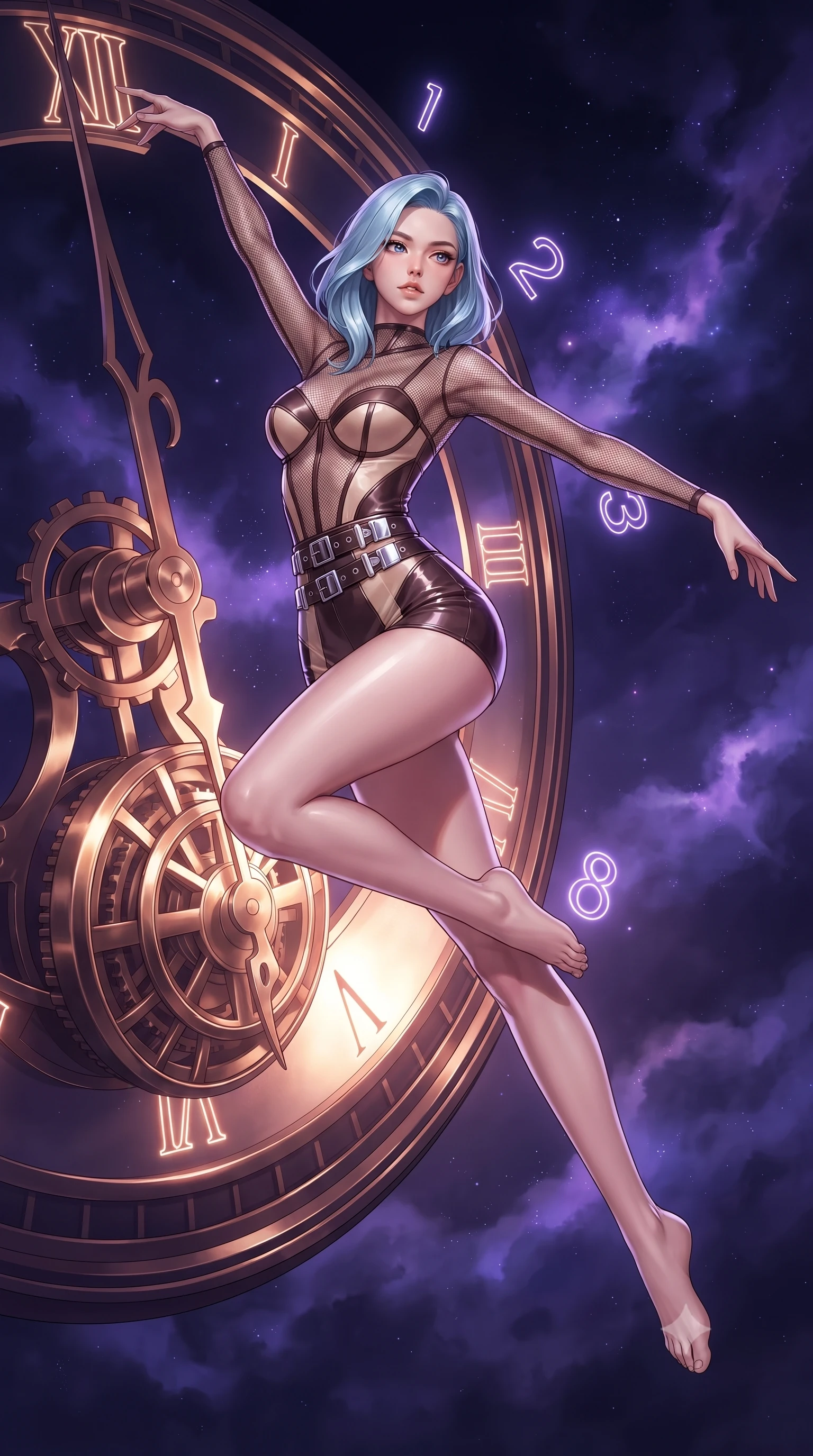 score_9, masterpiece, best quality, ultra-detailed, high-budget anime keyframe, editorial fashion photography, tasteful artistic composition, Korean woman. low angle full-body shot from head to toe showing her feet, filling the entire 9:16 vertical frame with her statuesque presence, stretching her vertical silhouette. performing an athletic mid-air rotation with flawless poise, her vertical silhouette beautifully stretched while leaping through the arc of a massive mechanical clock pendulum swinging over a golden city, glowing neon clock numbers floating in mid-air with vintage elegancy. She has an absolutely perfect, statuesque 8.5-heads proportion, an exceptionally tall and slender model-like female figure with impossibly long slender legs and an ultra-slim waist. sharp v-shaped jawline, high-bridge nose, intricate jewel-like eyes with depth, thick eyelashes, glossy lips with a natural sheen, flawlessly proportioned anatomical accuracy, natural body alignment, perfectly sculpted elegant limbs, clean dynamic posture without body distortion. wearing a delicate see-through mesh top with structured cup boning and micro-shorts in espresso brown and warm cream, formed from sleek second-skin neoprene, detailed with polished silver buckles along the waistline, the elegant draped fit framing her graceful clavicle and slender torso. surrounded by a contrast of deep violet sky and radiant bronze mechanical light. ultra-reflective glossy finish, specular highlights, metallic sheen, high-contrast stereoscopic depth, volumetric dynamic lighting, 2k, ultra detail, master piece, 9:16 ratio