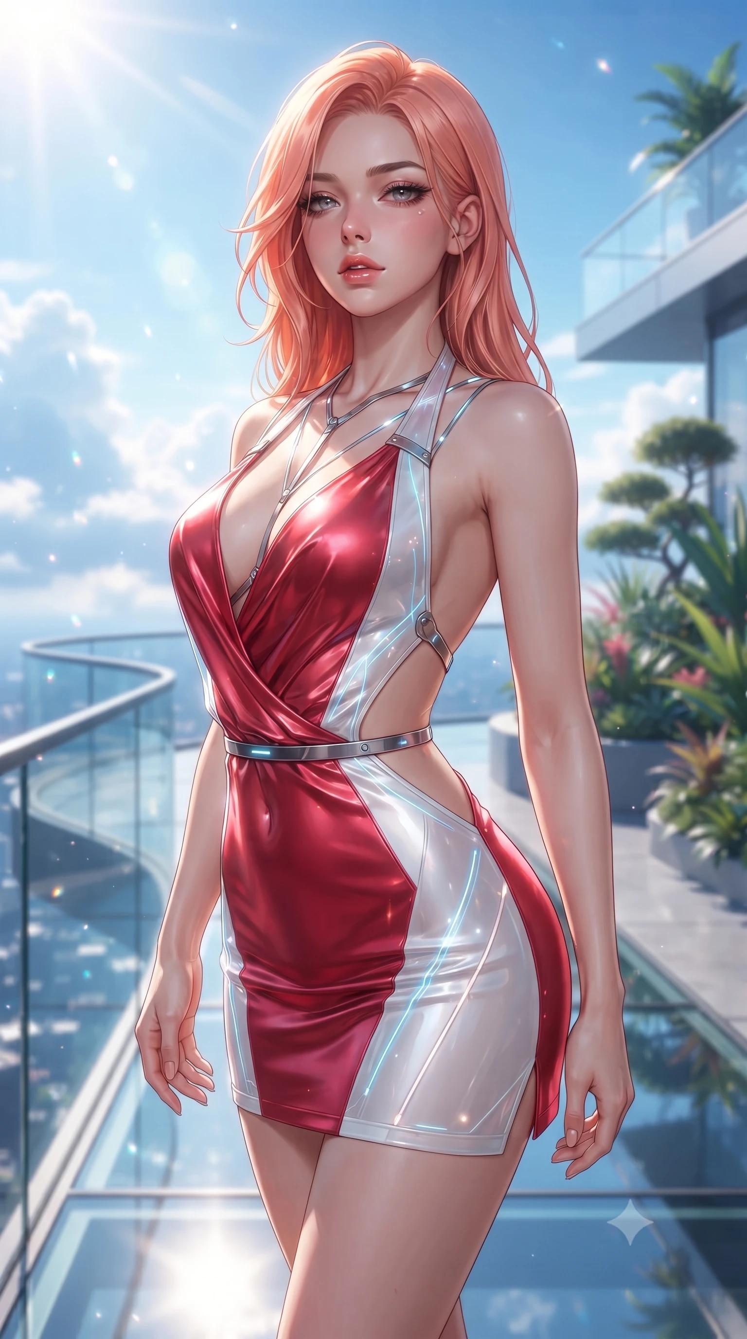 score_9, masterpiece, best quality, ultra-detailed, high-budget anime keyframe, editorial fashion photography, tasteful artistic composition, Japanese woman. close-up cowboy shot from the waist and thighs up, the character dominates the composition, filling the frame with her large presence. casting a slow, smoldering gaze beneath heavy lashes with parted glossy lips, her head slightly tilted in captivating self-assurance while pivoting dynamically on a cantilevered glass observation deck as sunlight reflects brilliantly off distant clouds. The composition keeps background elements in soft focus with creamy bokeh. brilliant high-altitude sunrays scattering radiant light across a dreamy blue backdrop. She has an exceptionally elegant, slender, and willowy female figure with an ultra-slim waist, a gracefully sculpted slender torso, toned flat midriff, and a refined slim silhouette. sharp v-shaped jawline, high-bridge nose, intricate jewel-like eyes with depth, thick eyelashes, glossy lips with a natural sheen, flawlessly proportioned anatomical accuracy, strict slender model proportions, natural body alignment, perfectly sculpted long slender limbs, ultra-slim waistline, clean dynamic posture without body distortion. wearing a form-contouring liquid satin halter-neck mini dress with a deep crossover cowl front, open back, and ultra-slender waist drape in radiant crimson silk and crisp snow white, tailored from semi-translucent cybernetic vinyl with glowing micro-filaments, reinforced by a sleek metallic chrome harness and delicate glowing micro-straps, the precision-cut daring openings accentuating her delicate midriff, graceful bare collarbones, and ultra-slim feminine waistline. surrounded by an exhilarating, elevated, and radiantly sensual rooftop garden aura. ultra-reflective glossy finish, specular highlights, metallic sheen, high-contrast stereoscopic depth, volumetric dynamic lighting, 2k, ultra detail, master piece, 9:16 ratio