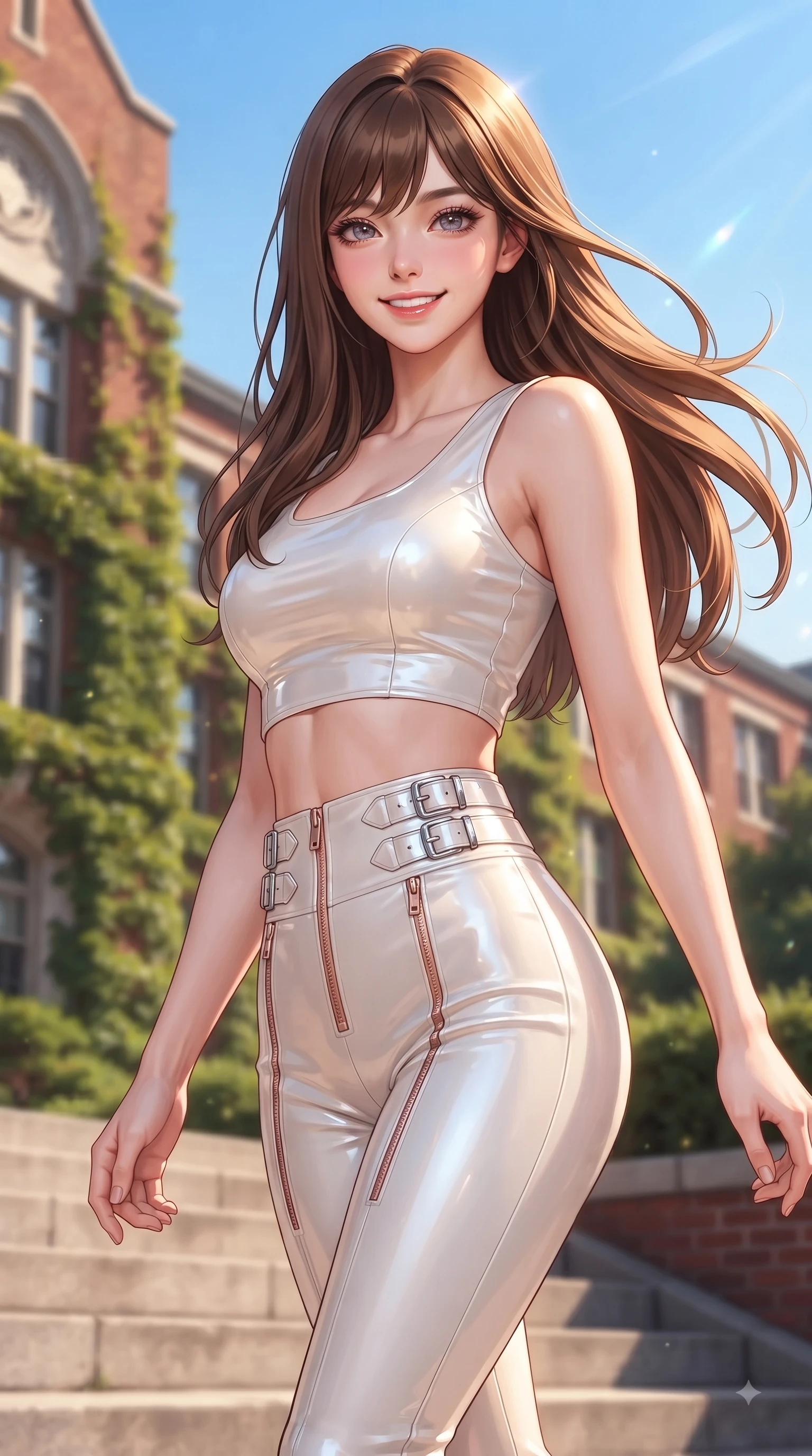 score_9, masterpiece, best quality, ultra-detailed, high-budget anime keyframe, editorial fashion photography, tasteful artistic composition, Korean woman. close-up cowboy shot from the waist and thighs up, the character dominates the composition, filling the frame with her large presence, background elements kept in soft focus. Youthful bright smile exuding pure cute charm and fresh energy, her torso turning dynamically into the lens while pivoting dynamically on the steps of a red-brick ivy-covered university hall with a bright smile, warm spring breeze swaying her long hair gracefully against the blue sky backdrop. She has an exceptionally elegant, slender, and willowy female figure with an ultra-slim waist, a gracefully sculpted slender torso, and a refined silhouette. sharp v-shaped jawline, high-bridge nose, intricate jewel-like eyes with depth, thick eyelashes, glossy lips with a natural sheen, flawlessly proportioned anatomical accuracy, natural body alignment, perfectly sculpted elegant limbs, clean dynamic posture without body distortion. wearing a glossy vinyl crop top and high-waist tailored leggings with sleek zippers in pearl white and rose gold, tailored from high-gloss patent leather, detailed with polished silver buckles along the waistline, the sleek second-skin texture accentuating her magnetic presence. illuminated by warm golden sunbursts and bright clear sky refractions. ultra-reflective glossy finish, specular highlights, metallic sheen, high-contrast stereoscopic depth, volumetric dynamic lighting, 2k, ultra detail, master piece, 9:16 ratio