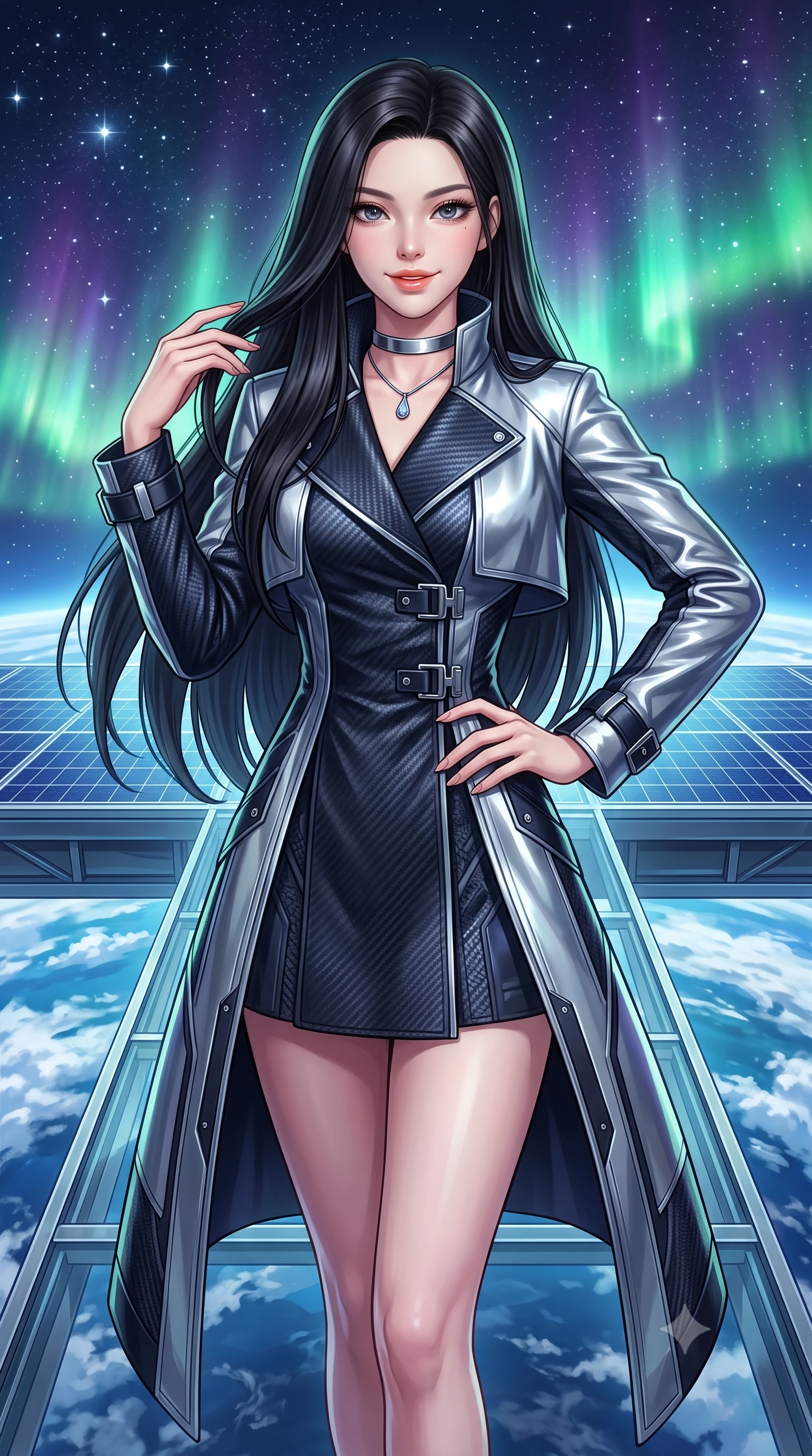 score_9, masterpiece, best quality, ultra-detailed, high-budget anime keyframe, semi-realistic 3D game render, editorial fashion photography, tasteful artistic composition, Korean woman. close-up cowboy shot from the waist and thighs up, the character dominates the composition, filling the frame with her large presence. twisting her slender torso in an alluring contrapposto stance, one hand resting on her sculpted hip while her fingers toy with her hair with effortless poise while standing poised on the completely transparent cantilevered catwalk directly above swirling blue ocean clouds of Earth, arching her back with breathless anime heroine charisma. The surrounding environment is rendered in vivid detail and crisp panoramic clarity: sharp transparent titanium deck grid, solar panel photovoltaic cell textures, and brilliant cosmic stars in deep focus. She has an exceptionally elegant, slender, and willowy female figure with an ultra-slim waist, flat toned midriff, narrow ribcage, and sculpted feminine hips creating an alluring, slim hourglass silhouette without bulk. sharp v-shaped jawline, high-bridge nose, intricate jewel-like sparkling eyes with depth, thick eyelashes, glossy parted lips with a natural peach sheen, bright cheerful beaming smile with an enchanting and coquettish sensual glint, exuding both youthful cute charm and seductive allure, flawlessly proportioned anatomical accuracy, strict slender model proportions, natural body alignment, perfectly sculpted long slender limbs, ultra-slim waistline, clean dynamic posture without body distortion. wearing a tailored high-collar cyberpunk tech-trench coat with magnetic buckle closures and wide storm flaps in liquid mercury chrome and deep midnight obsidian, woven from structured carbon-fiber jacquard with rich textural depth, finished with a minimalist chrome choker and a single teardrop diamond pendant, the bespoke structured tailoring following the natural line of her 8.5-heads silhouette with refined elegance. bathed in iridescent green and purple polar aurora luminescence mixed with crisp white starlight. highly saturated vibrant anime colors, detailed shading with soft gradients, rich glossy textures, high-contrast stereoscopic depth, volumetric dynamic lighting, master piece, 9:16 ratio
