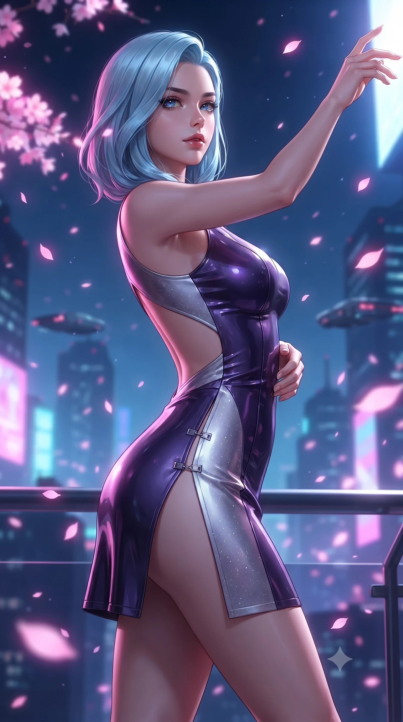 score_9, masterpiece, best quality, ultra-detailed, high-budget anime keyframe, editorial fashion photography, tasteful artistic composition, Korean woman. close-up cowboy shot from the waist and thighs up, the character dominates the composition, filling the frame with her large presence. extending one arm gracefully toward the light while her torso arches in a sleek, alluring curve with magnetic intensity while standing on the edge of a cyber skyscraper as cybernetic sakura petals blizzard around her in the wind. The composition keeps background elements in soft focus with creamy bokeh. distant skyscraper towers and hovering aero-cars softened by shallow atmospheric focus. She has an exceptionally elegant, slender, and willowy female figure with an ultra-slim waist, a gracefully sculpted slender torso, and a refined silhouette. sharp v-shaped jawline, high-bridge nose, intricate jewel-like eyes with depth, thick eyelashes, glossy lips with a natural sheen, flawlessly proportioned anatomical accuracy, natural body alignment, perfectly sculpted elegant limbs, clean dynamic posture without body distortion. wearing a second-skin fashion-latex mini dress with a clean architectural front, featuring an open-back design that wraps around the sides of her waist, showcasing her slender silhouette in dark amethyst purple and shimmering starlight silver, crafted from ultra-reflective second-skin latex with a glass-like polish, finished with an ultra-high side slit secured by miniature magnetic clasps, the form-contouring second-skin material highlighting her ultra-slim waist and long lines. illuminated by electric pink neon glow from sakura petals and deep blue urban night fill. ultra-reflective glossy finish, specular highlights, metallic sheen, high-contrast stereoscopic depth, volumetric dynamic lighting, 2k, ultra detail, master piece, 9:16 ratio