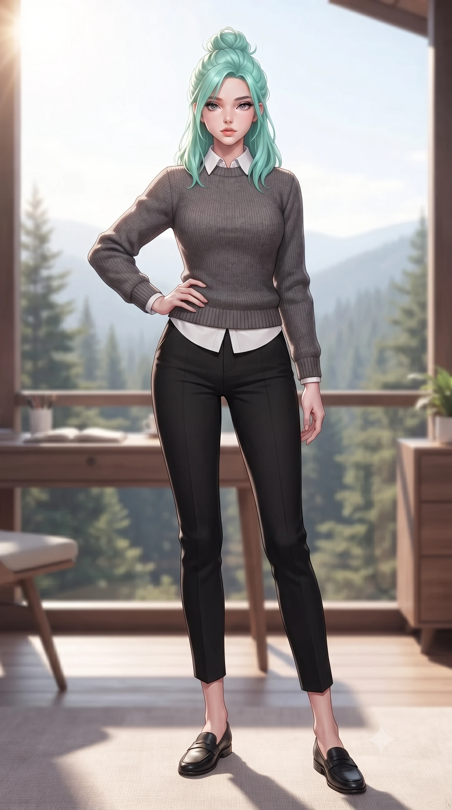 score_9, masterpiece, best quality, ultra-detailed, high-budget anime keyframe, editorial fashion photography, tasteful artistic composition, Japanese woman. low angle full-body shot from head to toe showing her feet, filling the entire 9:16 vertical frame with her statuesque presence, stretching her vertical silhouette. posing confidently with one hand on her hip, stretching her statuesque body to emphasize her curves the background shows a soft-focus a quiet writing desk on a glamping veranda facing a pine-covered valley. She has an absolutely perfect, statuesque 8.5-heads proportion, an exceptionally tall and slender model-like female figure with impossibly long slender legs and an ultra-slim waist. sharp v-shaped jawline, high-bridge nose, intricate jewel-like eyes with depth, thick eyelashes, glossy lips with a natural sheen. wearing a body-hugging cozy charcoal grey knit sweater over a white collared shirt and black slacks. bright morning sun rays creating fresh and energetic shadows. ultra-reflective glossy finish, specular highlights, metallic sheen, high-contrast stereoscopic depth, volumetric dynamic lighting, 2k, ultra detail, master piece, 9:16 ratio