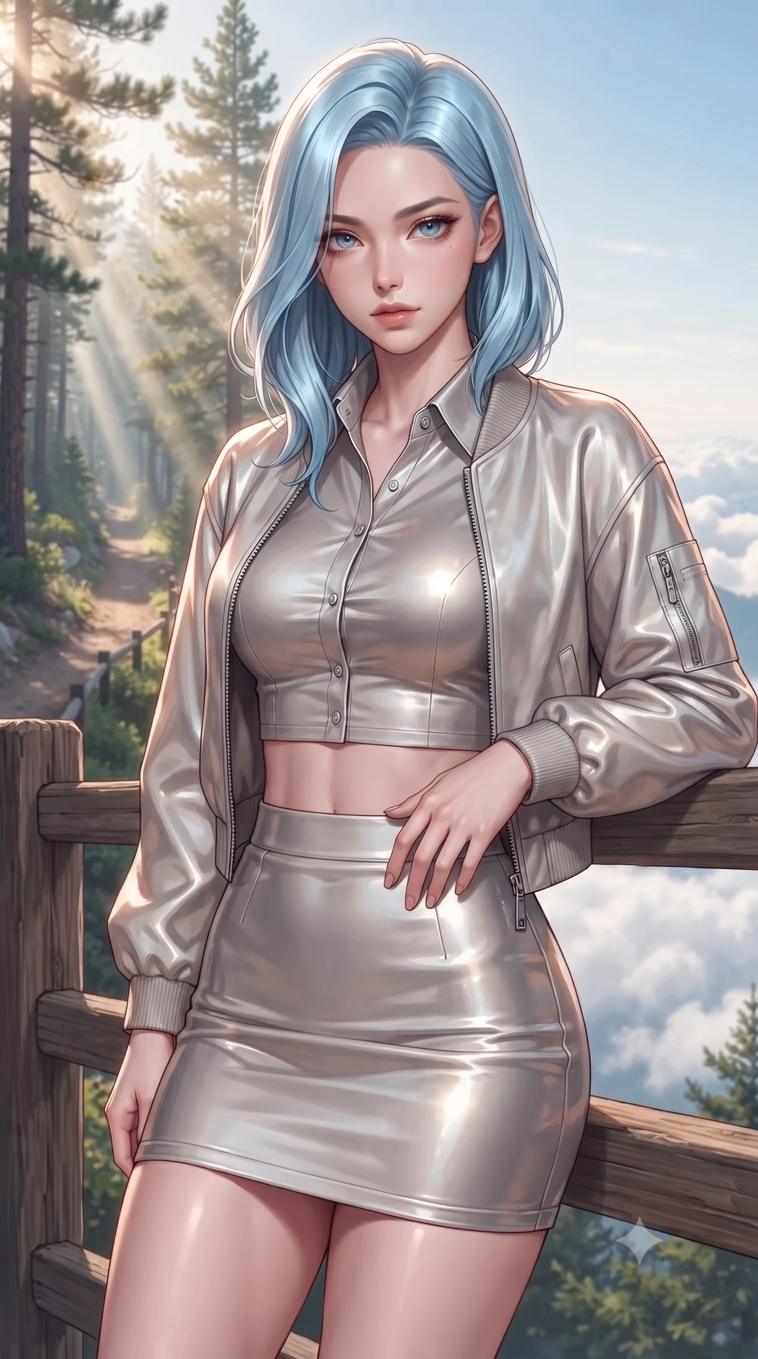 score_9, masterpiece, best quality, ultra-detailed, high-budget anime keyframe, editorial fashion photography, tasteful artistic composition, Korean woman. close-up cowboy shot from the waist and thighs up, the character dominates the composition, filling the frame with her large presence, background elements kept in soft focus. resting one hand on her waist, casting a smoldering, enticing side-gaze at the viewer set against a soft-focus background of along a scenic hiking trail winding through a pine forest with mountain views resting on a wooden fence with a view of the distant clouds below. She has an exceptionally elegant, slender, and willowy female figure with an ultra-slim waist, a gracefully sculpted slender torso, and a refined silhouette. sharp v-shaped jawline, high-bridge nose, intricate jewel-like eyes with depth, thick eyelashes, glossy lips with a natural sheen. wearing tailored modern crop top shirt paired with a mini skirt and an unzipped light bomber jacket. volumetric sunbeams slicing through the forest trees, creating light rays. ultra-reflective glossy finish, specular highlights, metallic sheen, high-contrast stereoscopic depth, volumetric dynamic lighting, 2k, ultra detail, master piece, 9:16 ratio