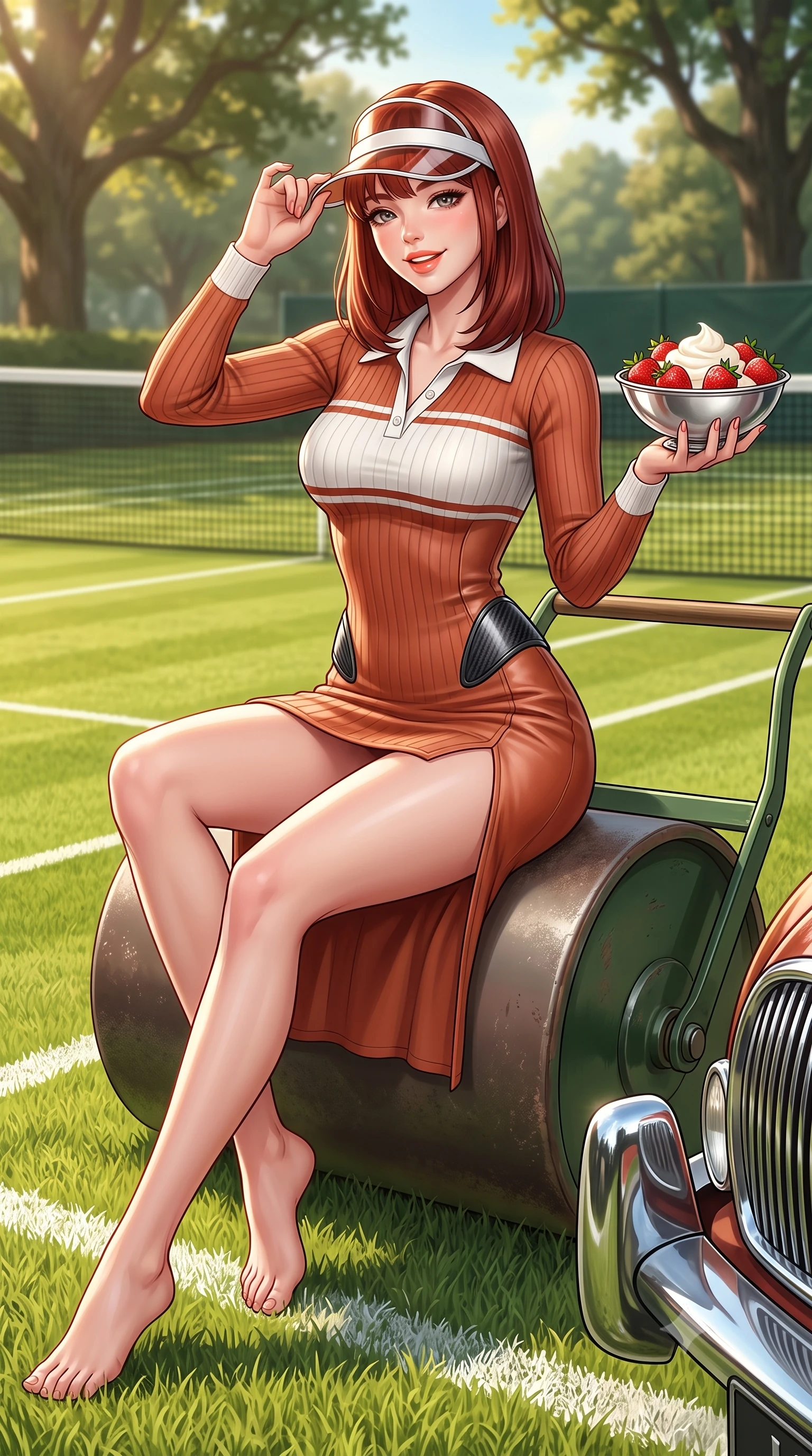 score_9, masterpiece, best quality, ultra-detailed, high-budget anime keyframe, semi-realistic 3D game render, editorial fashion photography, tasteful artistic composition, Caucasian woman. close-up cowboy shot from the waist and thighs up, the character dominates the composition, filling the frame with her large presence. tilting her head with a cute beaming smile while arching her spine with athletic poise, one hand adjusting her racing visor in a flirtatious S-curve while sitting gracefully on the grass court roller with legs extended, holding a bowl of fresh strawberries and cream with effortless old-money charm. The surrounding environment is rendered in vivid detail and crisp panoramic clarity: sharp cut grass blade textures, chalk line demarcations, and vintage Jaguar chrome bumper reflections in deep focus. She has an exceptionally elegant, slender, and willowy female figure with an ultra-slim waist, flat toned midriff, narrow ribcage, and sculpted feminine hips creating an alluring, slim hourglass silhouette without bulk. sharp v-shaped jawline, high-bridge nose, sparkling eyes with athletic focus and depth, thick curled eyelashes, glossy parted lips with a natural coral-peach sheen, bright confident and coquettish smile with alluring bedroom-eyes, exuding both youthful sporty vigor and sovereign high-society glamour, flawlessly proportioned anatomical accuracy, strict slender model proportions, natural body alignment, perfectly sculpted long slender limbs, ultra-slim waistline, clean dynamic posture without body distortion. wearing a retro-chic ribbed polo sweater dress with a high side thigh slit and form-fitting silhouette in classic clay-court terracotta and cloud white, crafted from supple buttery lambskin racing leather with a satin sheen, accented with sleek aerodynamic carbon-fiber hip pads framing her narrow waist, the liquid-tight tailored fabric clinging flawlessly to her narrow waist and rounded feminine hips, emphasizing every millimeter of her sculpted slim hourglass curves without any bulky heaviness. bathed in soft warm English afternoon sunlight filtering through stately oak trees. highly saturated vibrant anime colors, detailed shading with soft gradients, rich glossy textures, high-contrast stereoscopic depth, volumetric dynamic lighting, master piece, 9:16 ratio