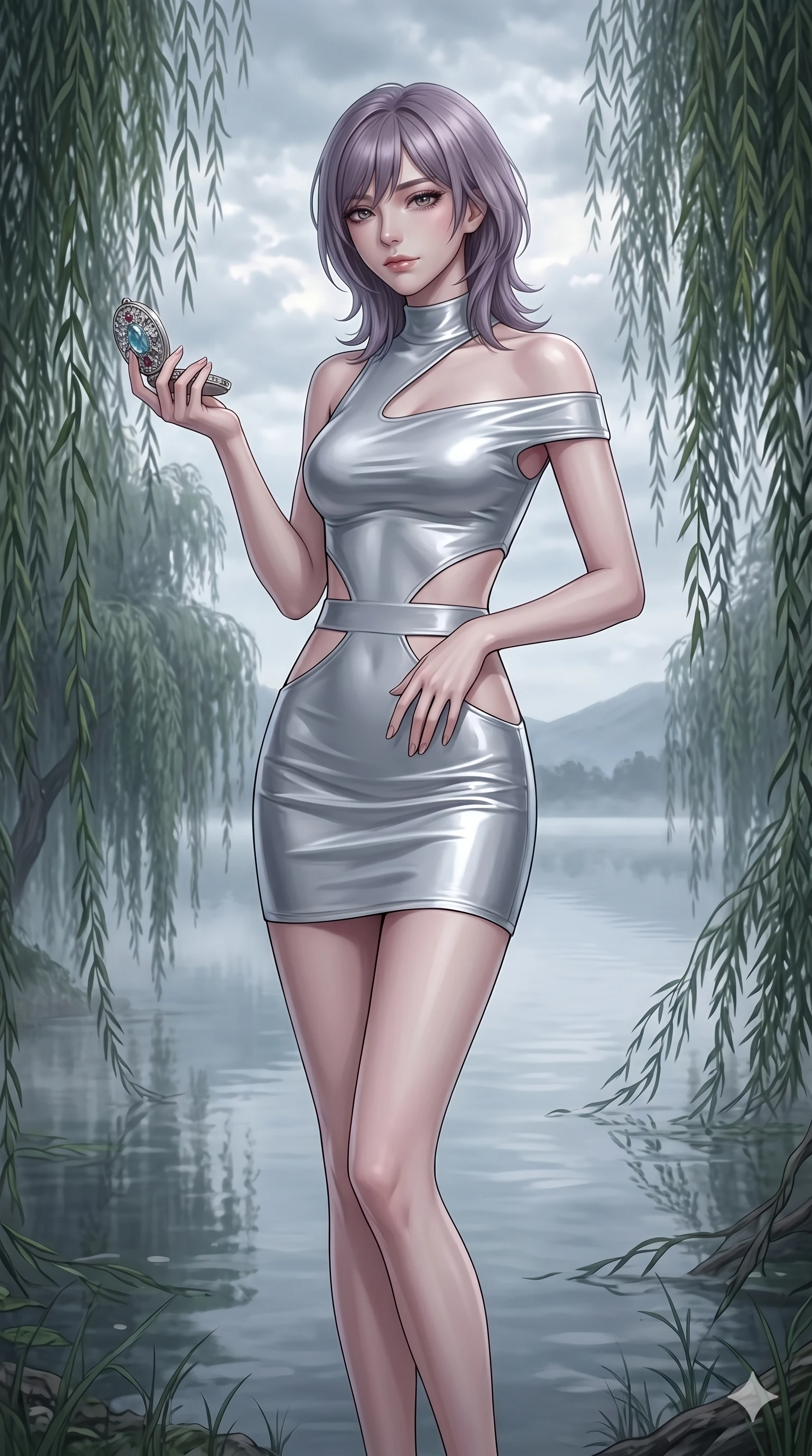 score_9, masterpiece, best quality, ultra-detailed, high-budget anime keyframe, editorial fashion photography, tasteful artistic composition, Japanese woman. cowboy shot from the thighs up, character and outfit filling the frame for maximum editorial presence. looking sidelong at the viewer with a melancholy, weary half-smile that doesn't reach her eyes by a misty lakeside at dawn, surrounded by weeping willow trees (Scenario Code S-55). She has an absolutely perfect 8-heads proportion, an exceptionally tall and slender female figure with impossibly long slender legs and an ultra-slim waist. V-shaped jawline, high-bridge nose, intricate jewel-like eyes with depth, thick eyelashes, glossy lips with a natural sheen. wearing a liquid silver jersey dress with an asymmetric collar and bold waist cutout lines. bathed in soft, cold ambient daylight filtering through the clouds, highlighting her pale skin. 2k, ultra detail, master piece, 9:16 ratio